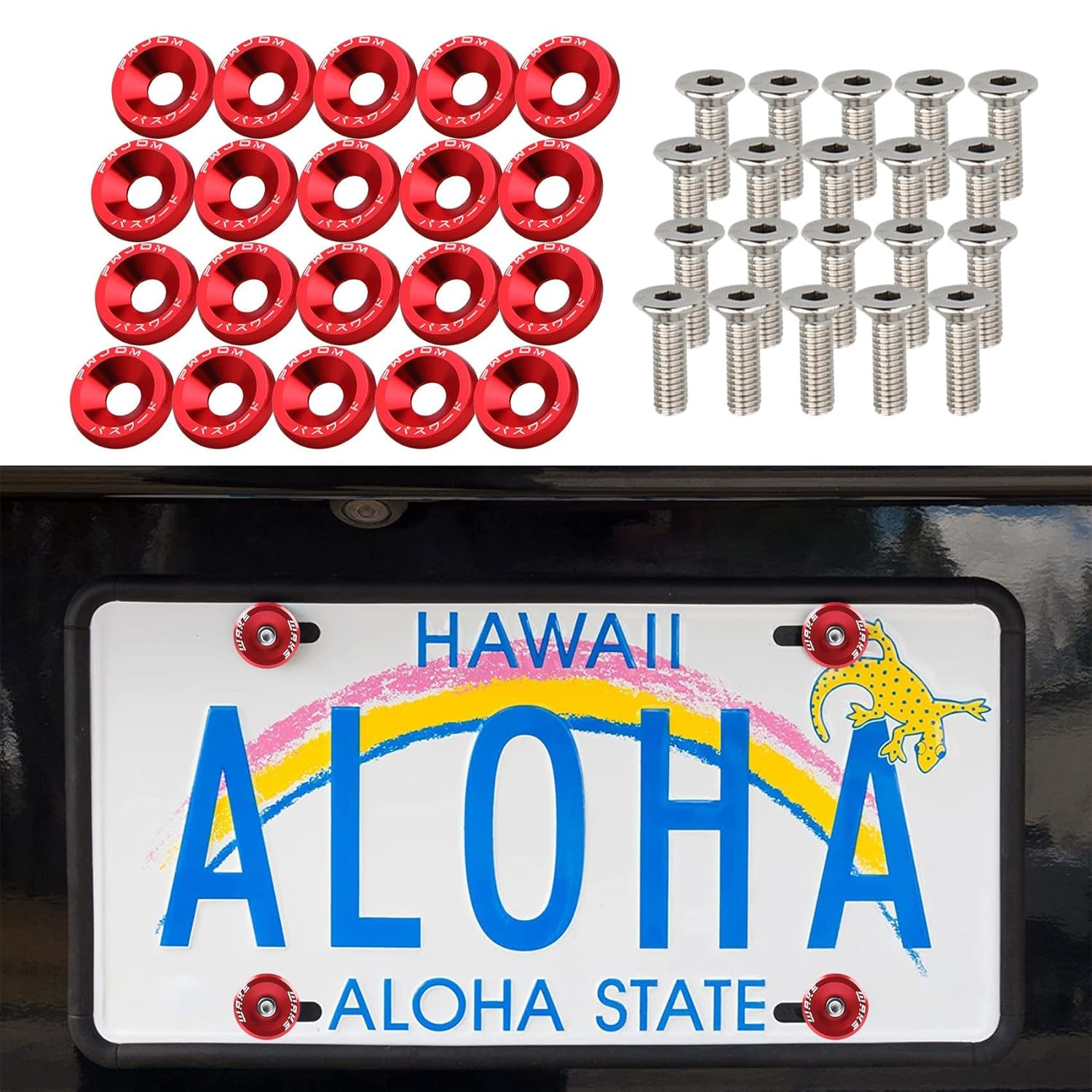 Fender Bumper Washer Bolt, Aluminum Fender Washer Engine Bay Dress up Kit, Fasteners M6 JDM Fender Washer Kit Fits Bumper Washer Bolt, Headlights, Trunk Engine Bay Dress up (Red) image number 5