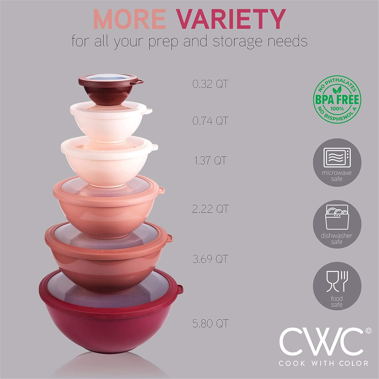 COOK with COLOR Mixing Bowls with TPR Lids - 12 Piece Plastic Nesting Bowls Set Includes 6 Prep Bowls and 6 Lids, Microwave Safe (Rose) image number 6