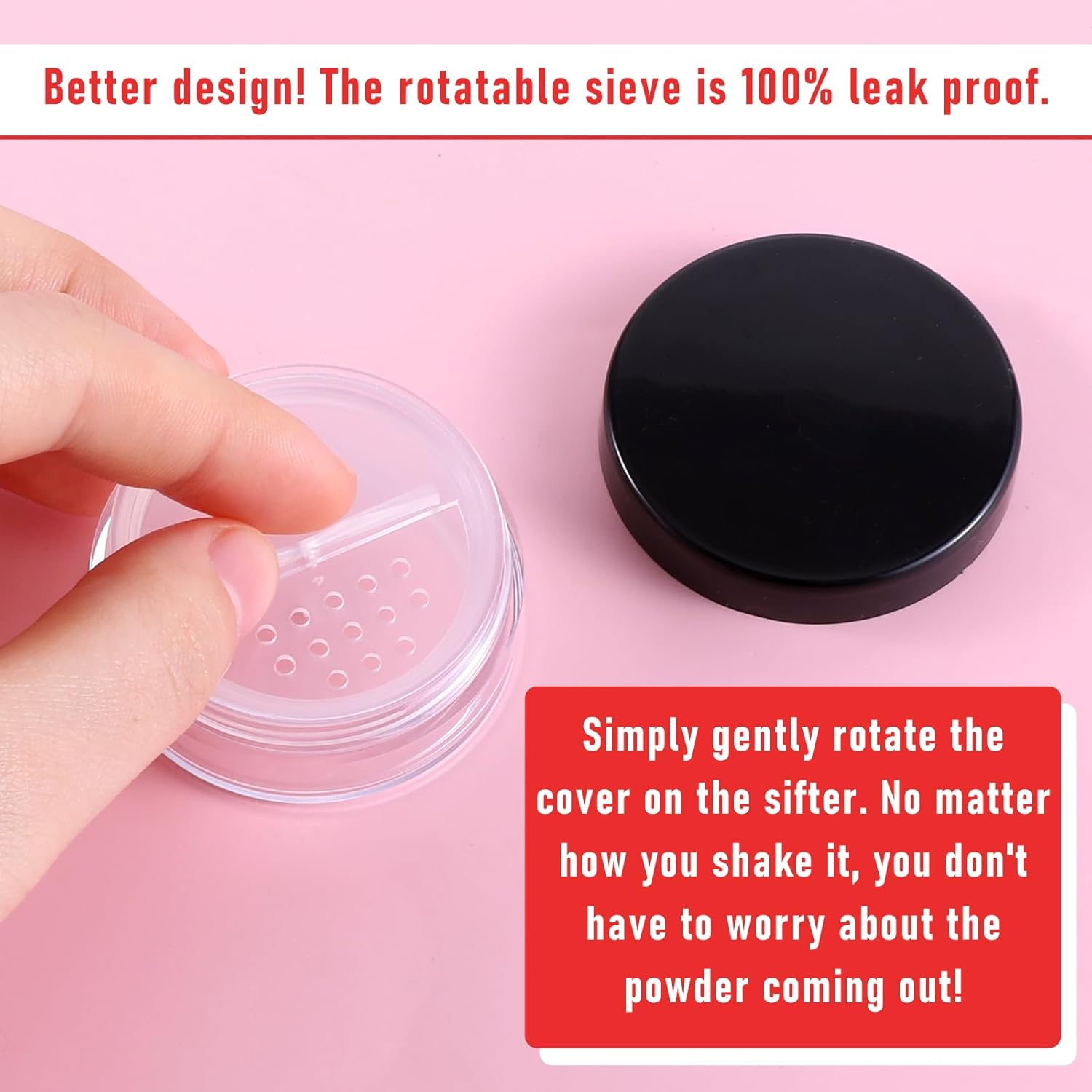 Fdczeyxior 2PCS 10Ml/0.34Oz Black Square Plastic Refillable Loose Powder Container with Rotatable Sifter and Leakproof Screw Lid image number 2
