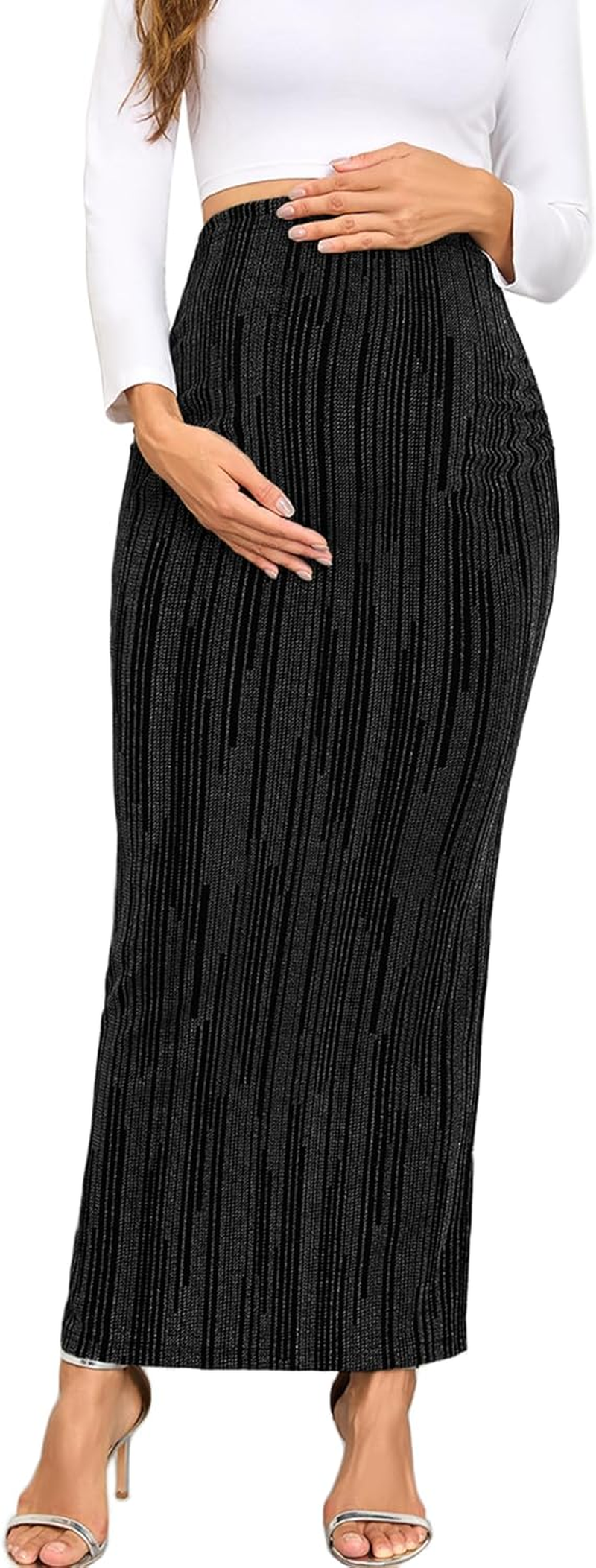 Maternity Sparkly Adjustable Waist Maxi Skirt over the Belly Stretchy Pregnancy Long Pencil Skirts