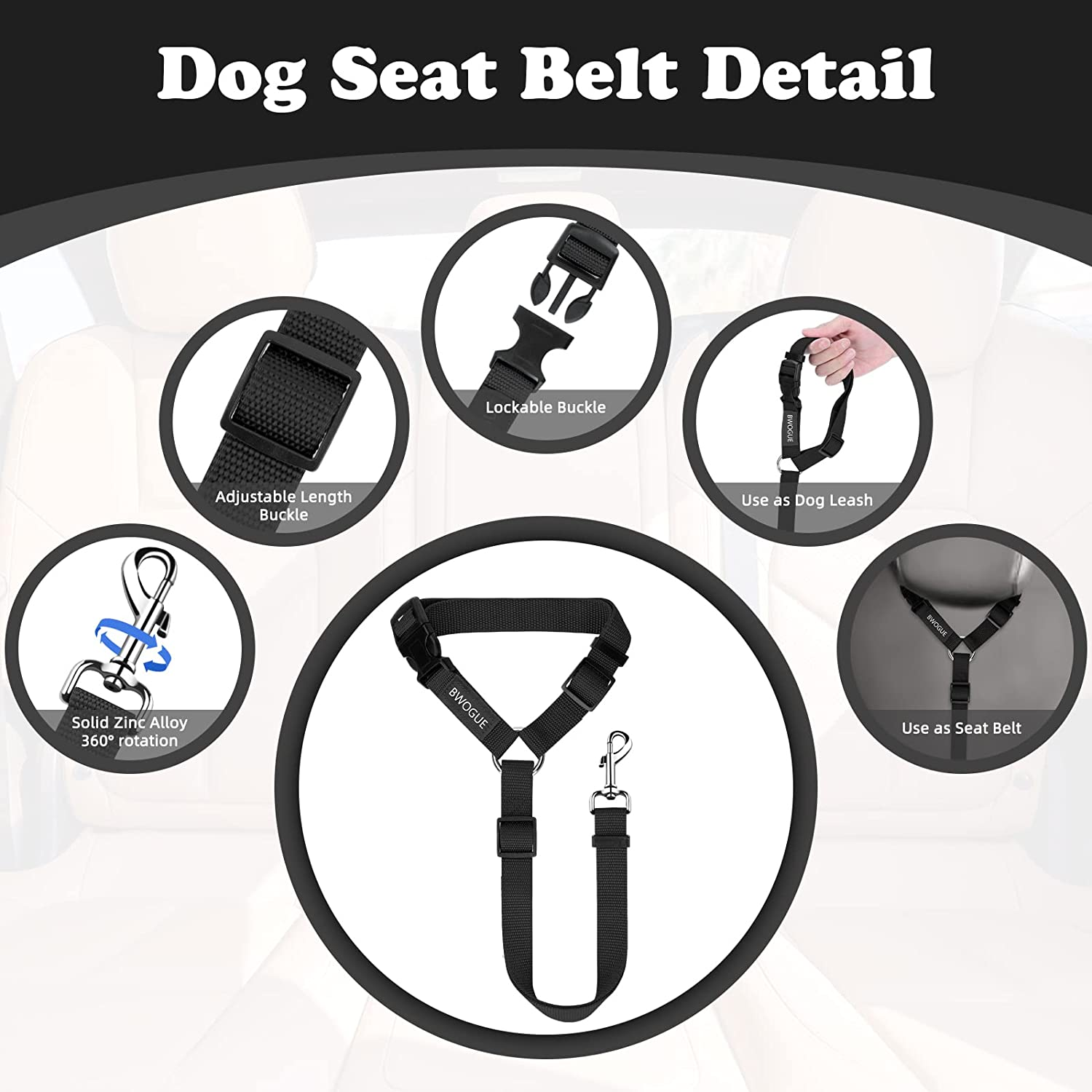 BWOGUE 2 Packs Dog Cat Safety Seat Belt Strap Car Headrest Restraint Adjustable Nylon Fabric Dog Restraints Vehicle Seatbelts Harness image number 1