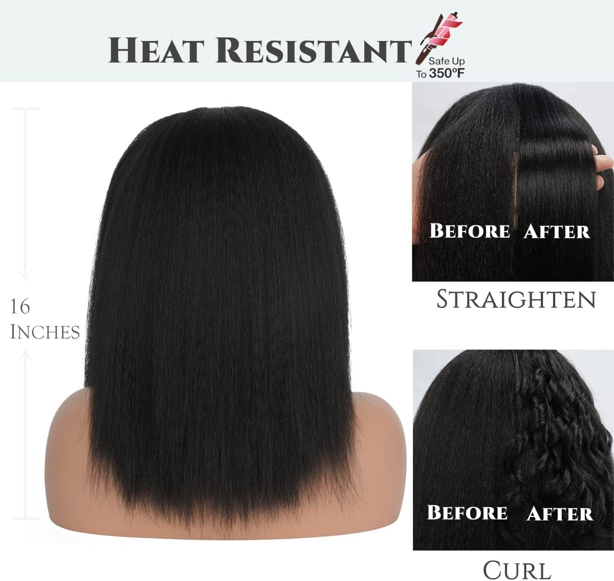 Aminow Kinky Straight Headband Wig, Soft & Natural as Human Hair, Glueless Headband Wigs for Black Women, Long Black Italian Yaki Synthetic Half Wig (1B Natural Black, 16 Inches) image number 3