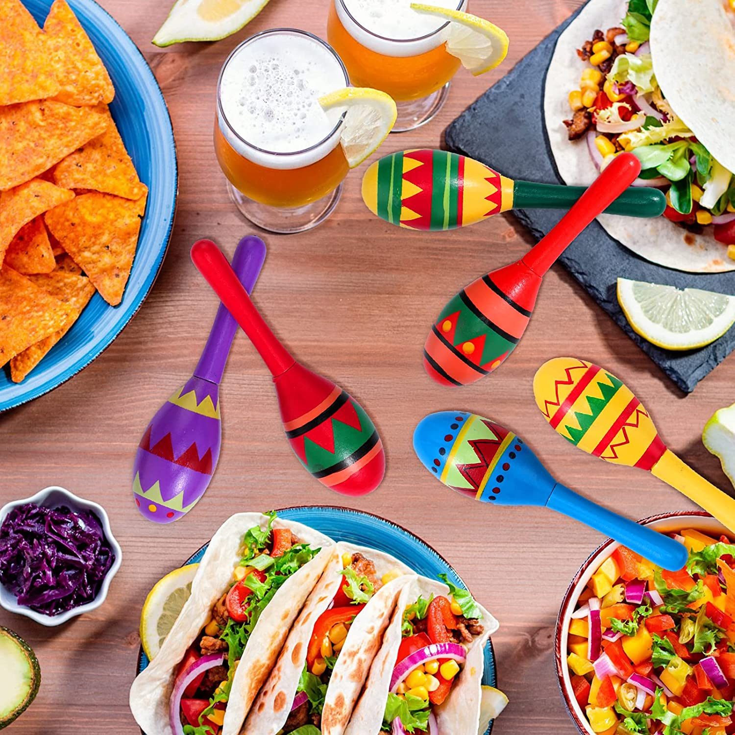 Civaner Mini Fiesta Wooden Maracas 6 Designs Noisemaker Party Decorations Mexican Cinco De Mayo Favors for Theme Carnival Props (24 Pcs)