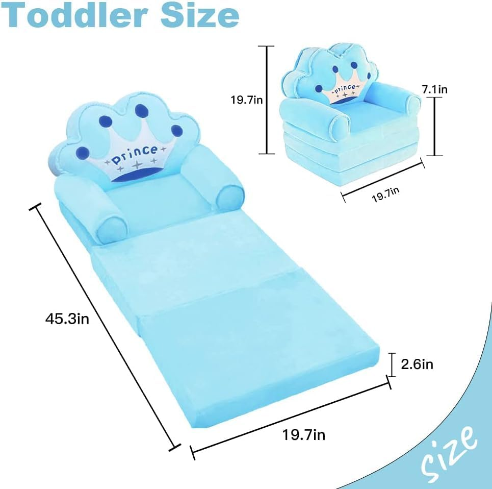 Uandhome Kids Foldable Sofa Bed,Princess Chair for Toddlers 1-3,Cartoon Shape,Baby Sofa Bed Foldable Out Couch for Bedroom,Sofa Bed for Girls (Blue)