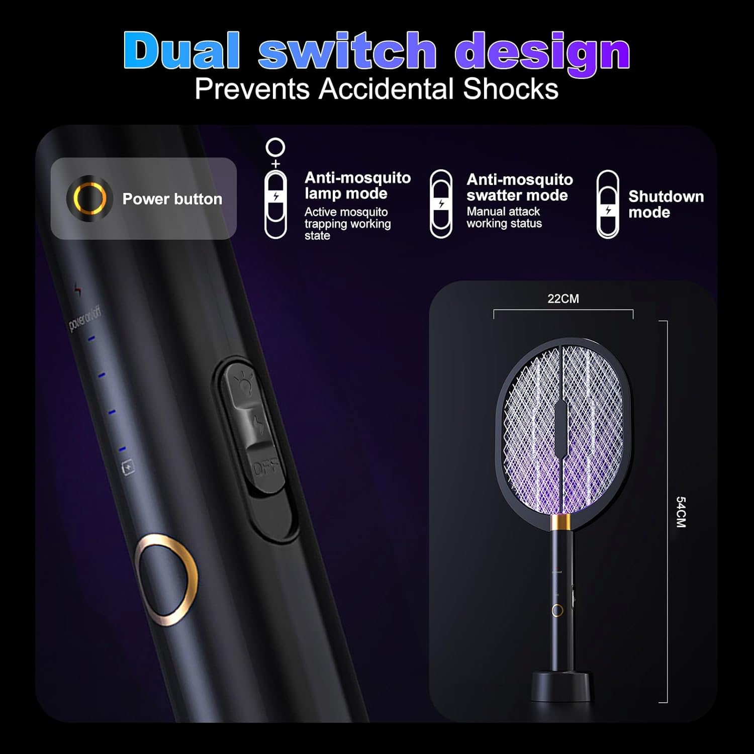 Oolong Mosquito Zapper Electric Fly Swatter 3000V Bug Zapper Racket 2 in 1 Fly Zapper with 1200Mah Battery Rechargeable Mosquito Killer Lamp with 3-Mode USB Rechargeable for Indoor Outdoor,Garden image number 2