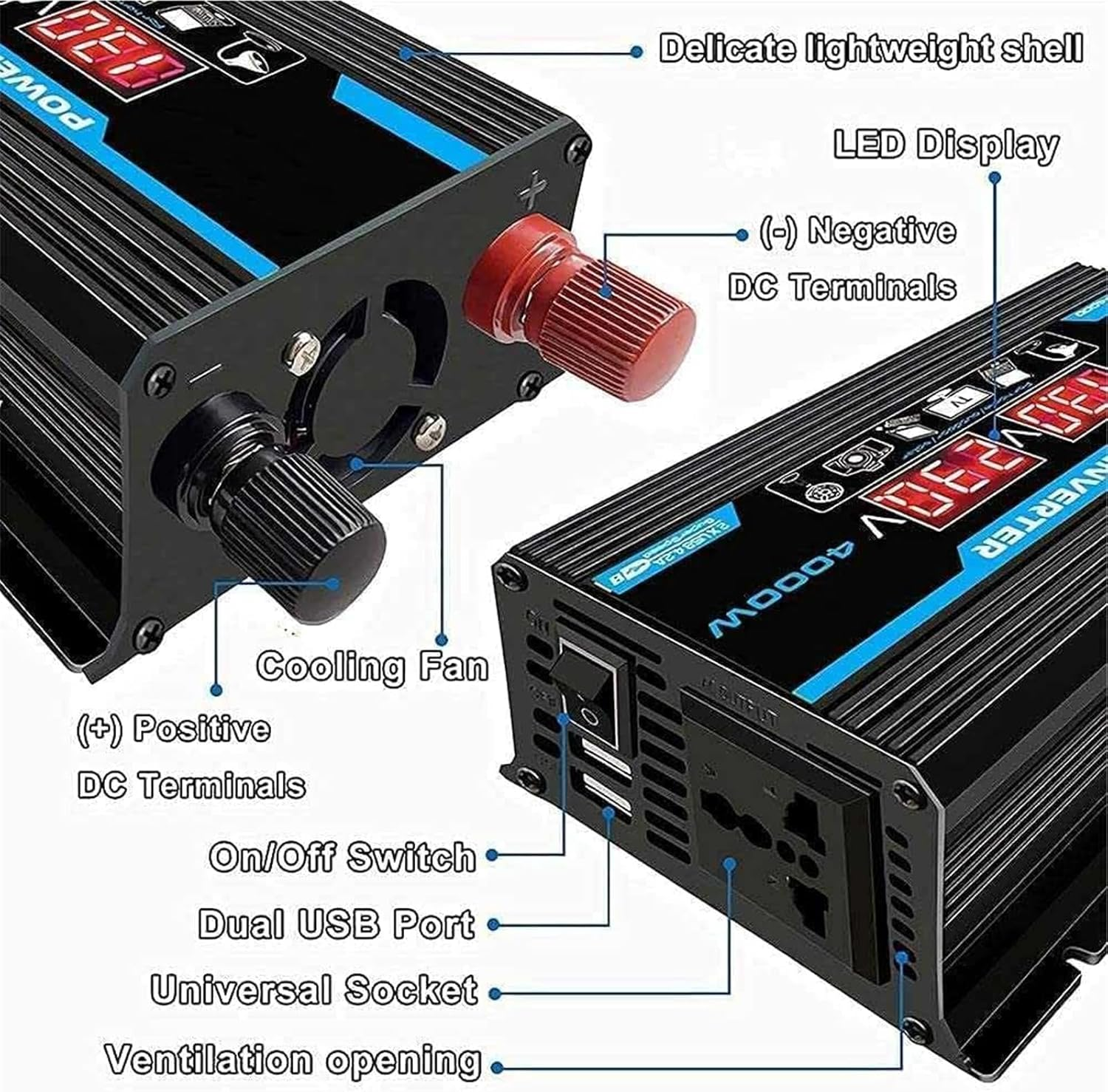Inncen Power Inverter, 4000W 220V Car Inverter with LED, Black Multi-Protection Car Power Inverter, Dual USB Voltage Transformer for 12V Power Output Vehicle