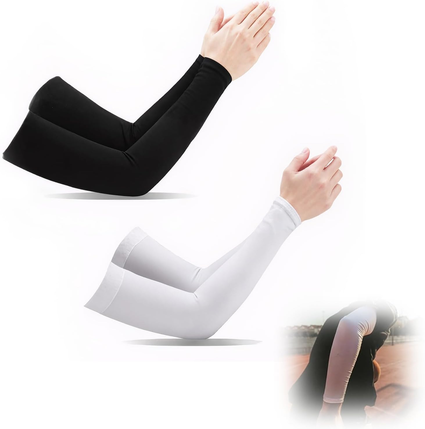 ONBPIY Arm Sleeves 2 Pairs 1 Black 1 White UV Sun Protection Compression Cooling Sleeves for Men Women Volleyball Basketball Cycling Outdoor Sports image number 3