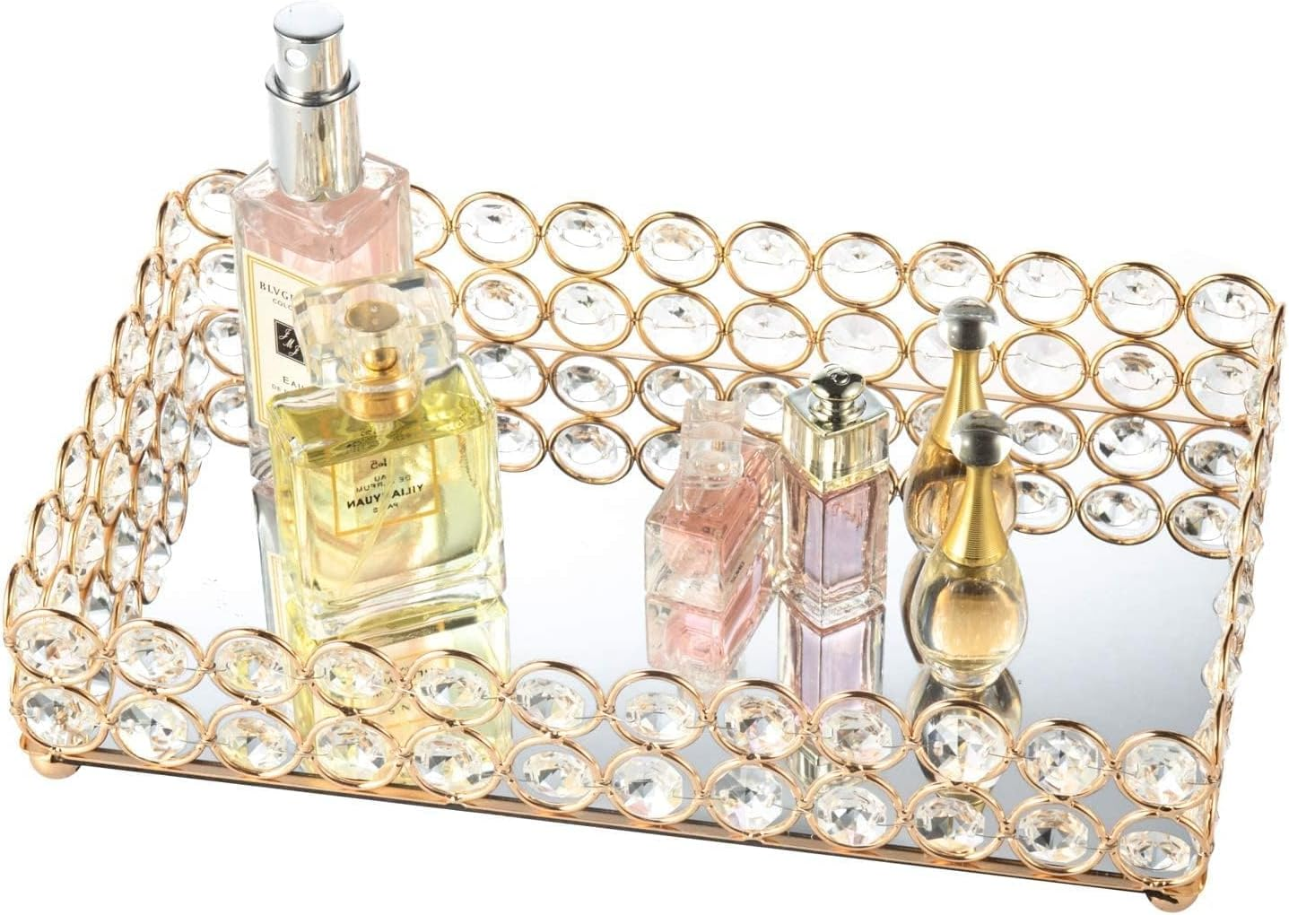 Feyarl Crystal Perfume Tray Gold Mirror Tray Rectangle Decorative Trays Jewelry Trinket Cosmetic Organizer Trays for Dresser Home