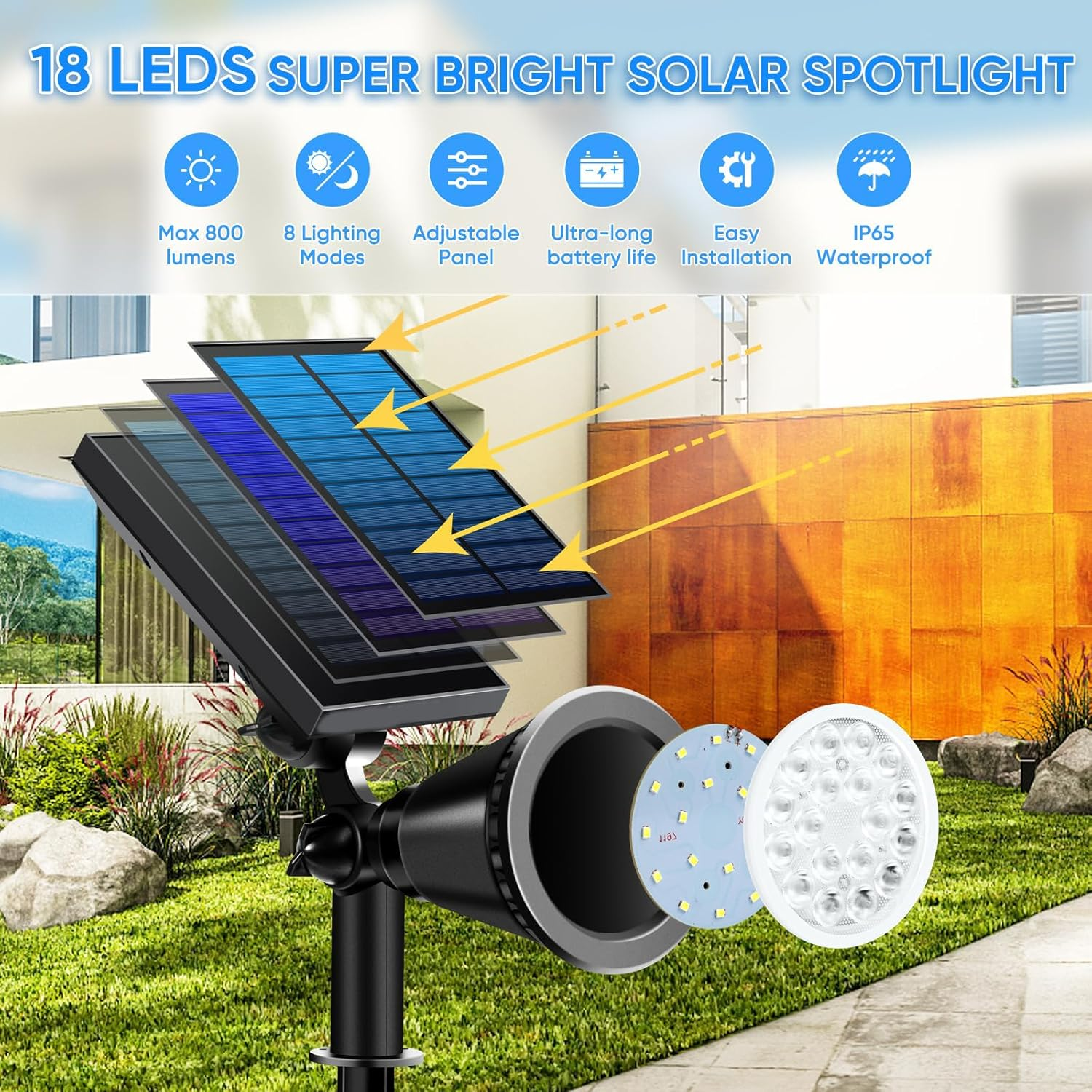 3Pack Solar Spot Lights Outdoor, 18Leds Waterproof Adjustable Solar Spotlights,2 Modes Solar Powered Spotlights Landscape Lighting for Tree, Driveway, Yard, Backyard, Garden (Cool White - 1 Pcs image number 5