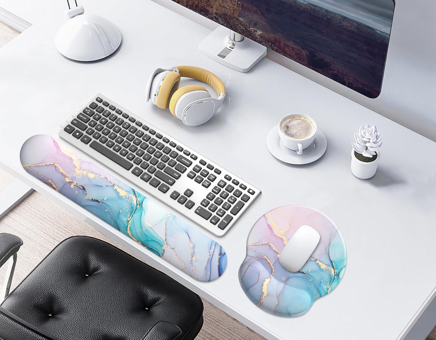 Giecy Mouse Pad Wrist Support, Ergonomic Memory Foam Keyboard Wrist Pad & Gel Mouse Wrist Rest Set for Computer Keyboard for Easy Typing & Pain Relief for Office Home (Pink Blue Marble Set) image number 5