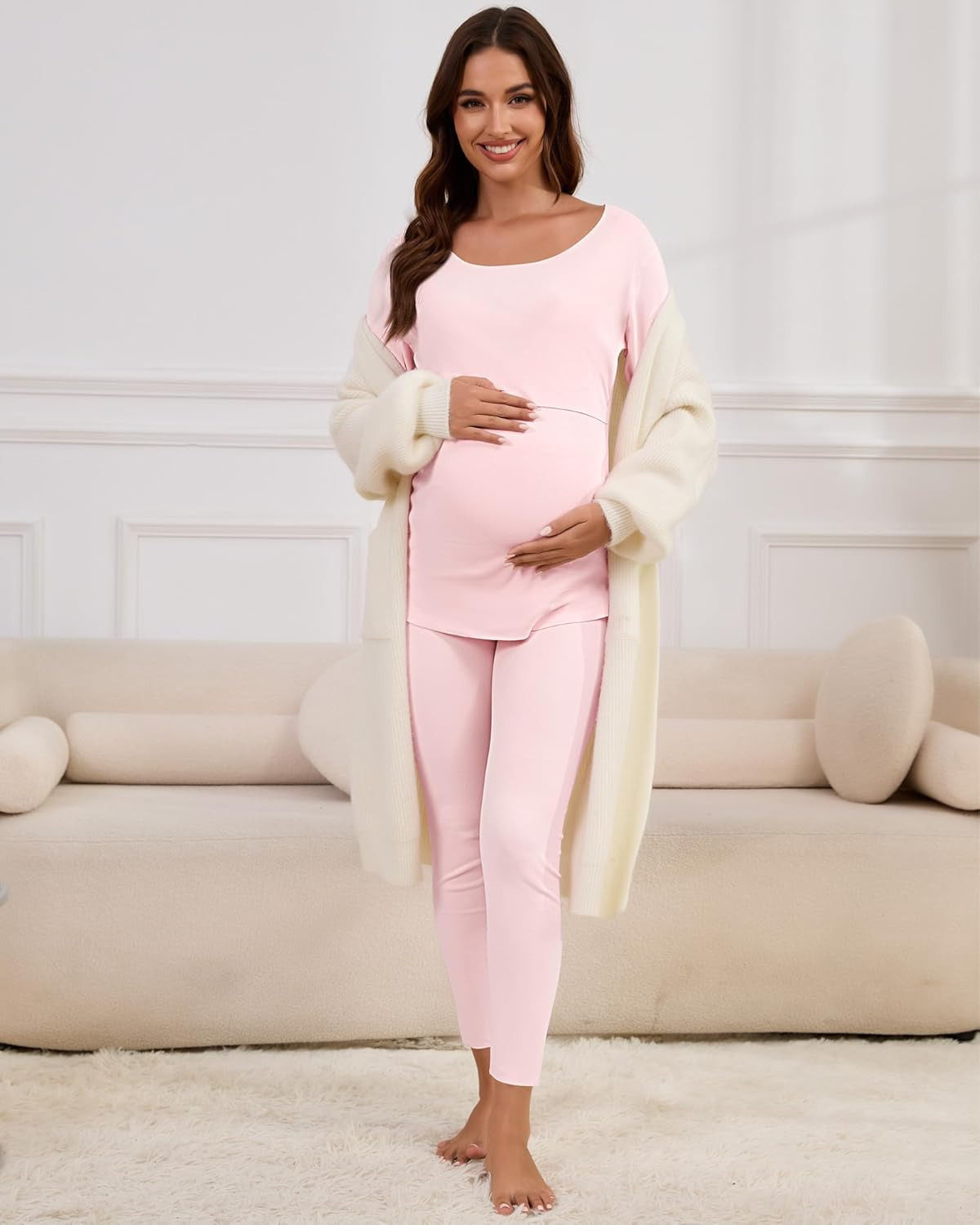 Patelai 2 Pack Thermal Nursing Underwear for Women Maternity Pajama Set Breastfeeding Sleepwear Fleece Lined Pregnancy Set image number 2