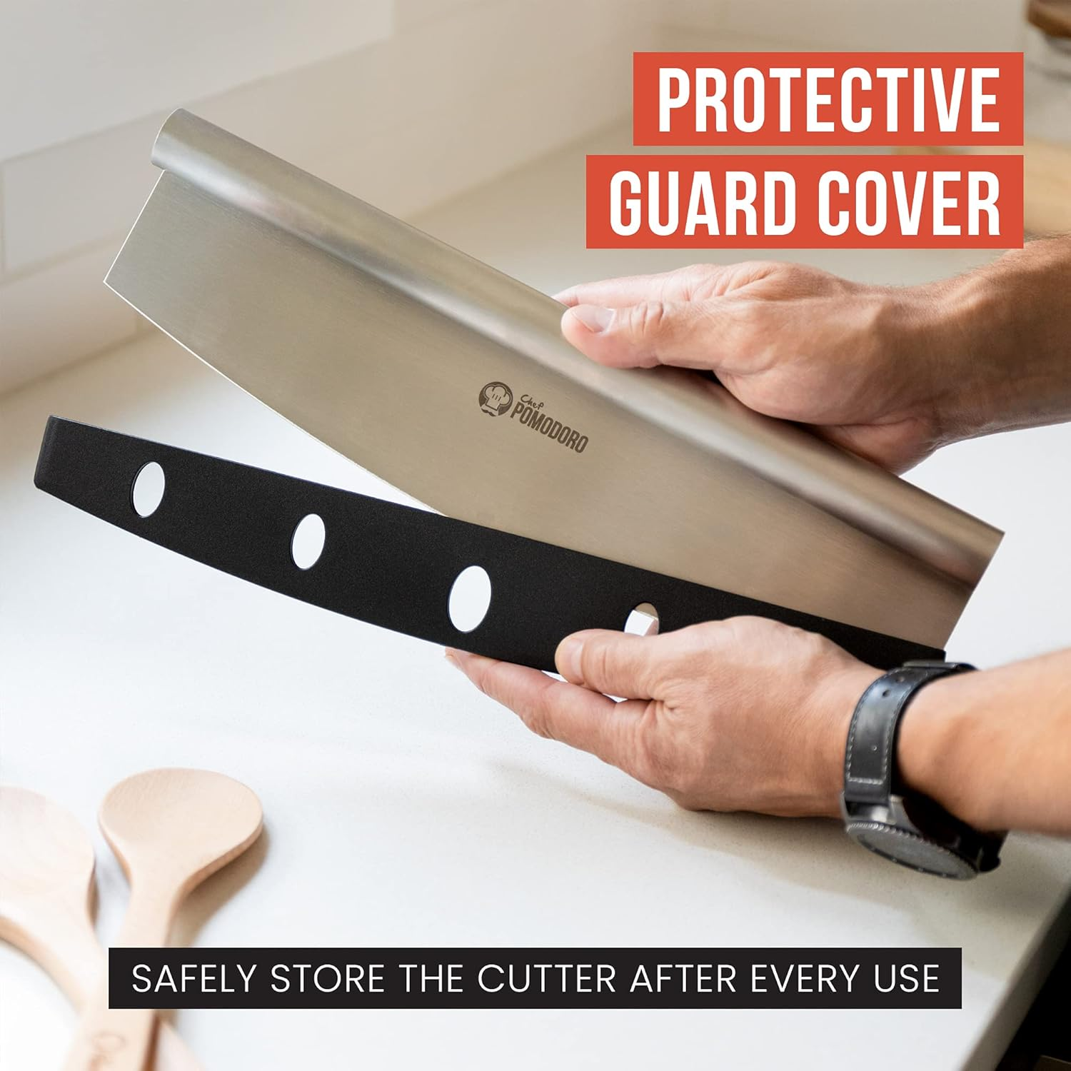 Chef Pomodoro Pizza Cutter Rocker Knife with Protective Cover, Multipurpose 14 Inch Mezzaluna Chopper with Super Sharp Stainless Steel Blade, Blade Cover, Premium Pizza Accessories Dishwasher Safe image number 1