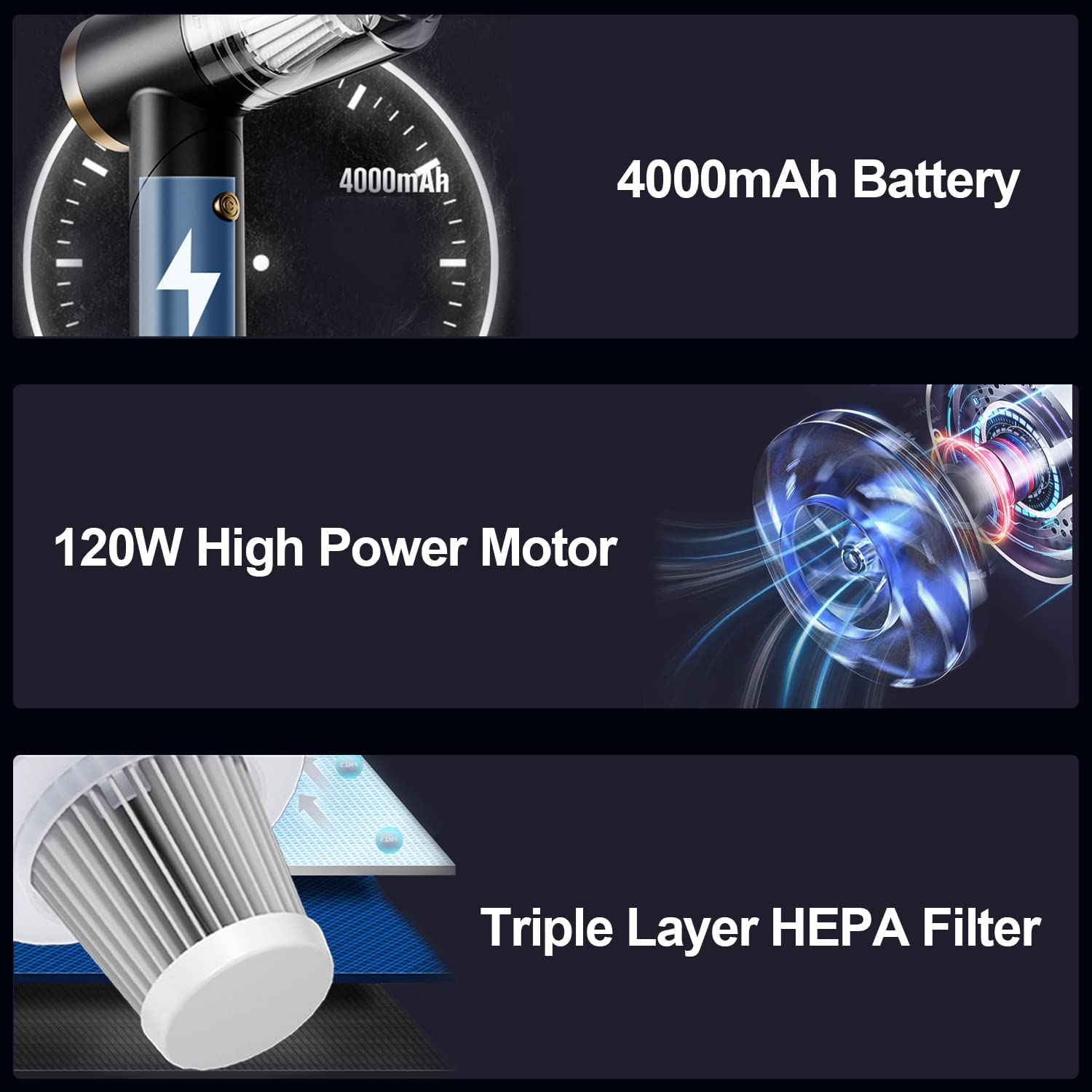 Wireless Handheld Car Vacuum Cleaner - 90&deg; Foldable Portable for Car, 9000PA Suction Cordless Vacuum, Rechargeable Mini Vehicle, Home and Office -White (Q8) image number 3