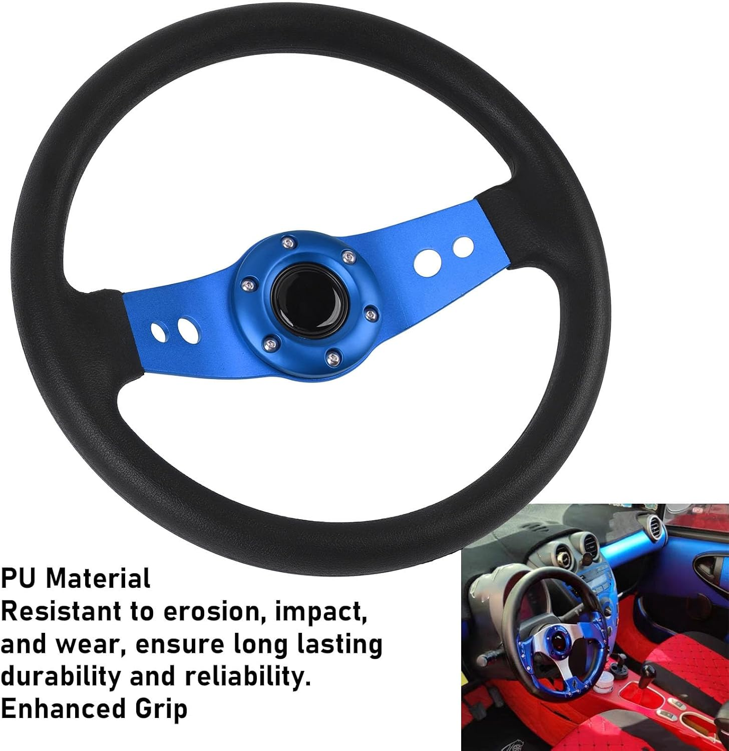 Jiawu 14In Universal Racing Steering Wheel with Horn Button, Blue, Aluminum + PU Leather, 6 Bolts, Passenger Car Compatible - Blue image number 5