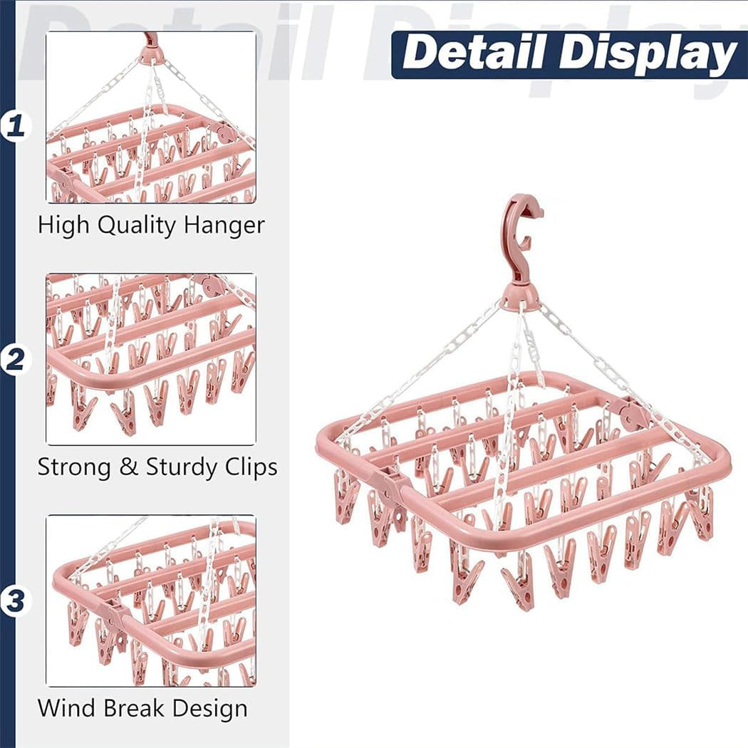 Idopick 2 Pack Clothes Hanger Drying Rack with 32 Clips, Plastic Clothes Drying Hanger and Drip Foldable Hanging Rack Windproof Pegs Hook for Drying/Socks/Underwear/Clothes/Towels (Pink) image number 5