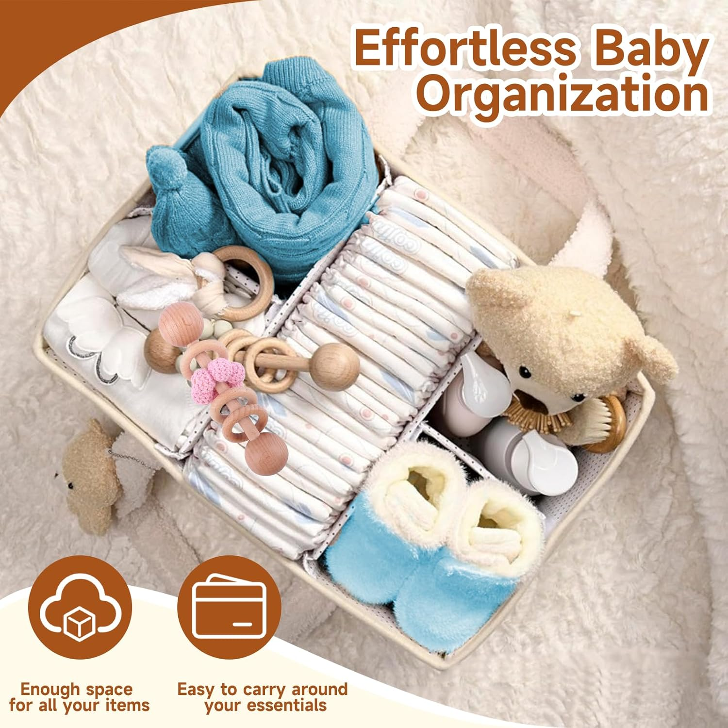 Togemvvs Baby Diaper Caddy Organizer, Baby Storage Basket for Diapers and Wipes, Portable Nappy Caddy with Bear (Ivory White) image number 2