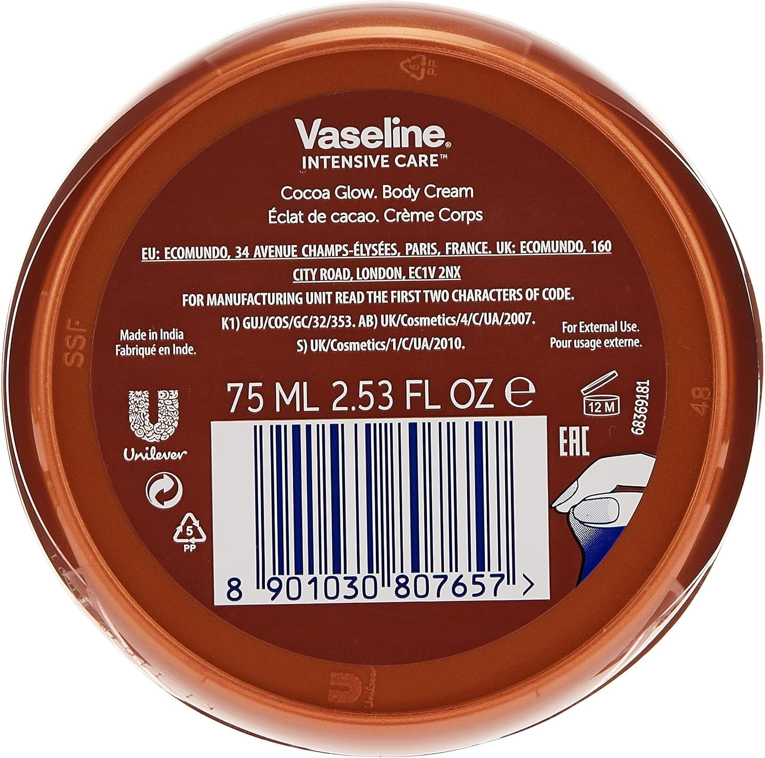 Vaseline 75Ml Moisturising Crm Cocoa WHITE image number 3