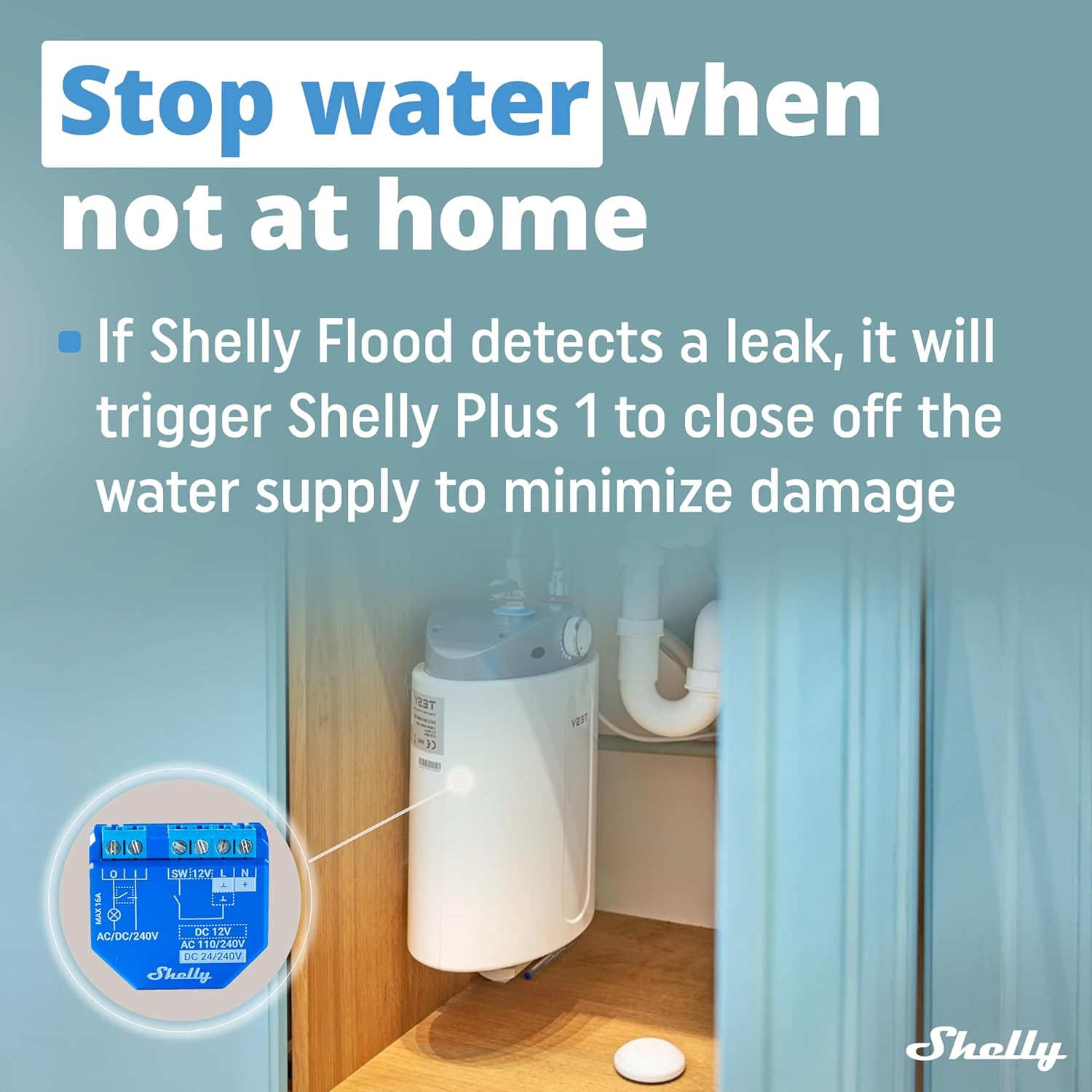 Shelly Flood | Wireless Flood Sensor with Temperature Measurement | Home Automation | Ios Android App | Dripping & Leaking Alarm | Floor Heating Control | Compact Design | Easy to Use