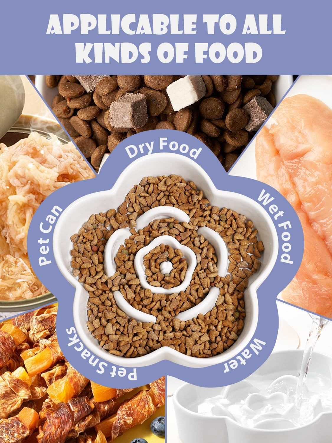 Ceramic Slow Feeder Dog/Cat Bowl, Anti-Choking Slow Food Bowls, 8" 11.3Oz Slow Feeder for Medium, Large Breeds, Plum Puzzle Design, Non-Slip Silicone, Dishwasher and Microwave Safe, White image number 4