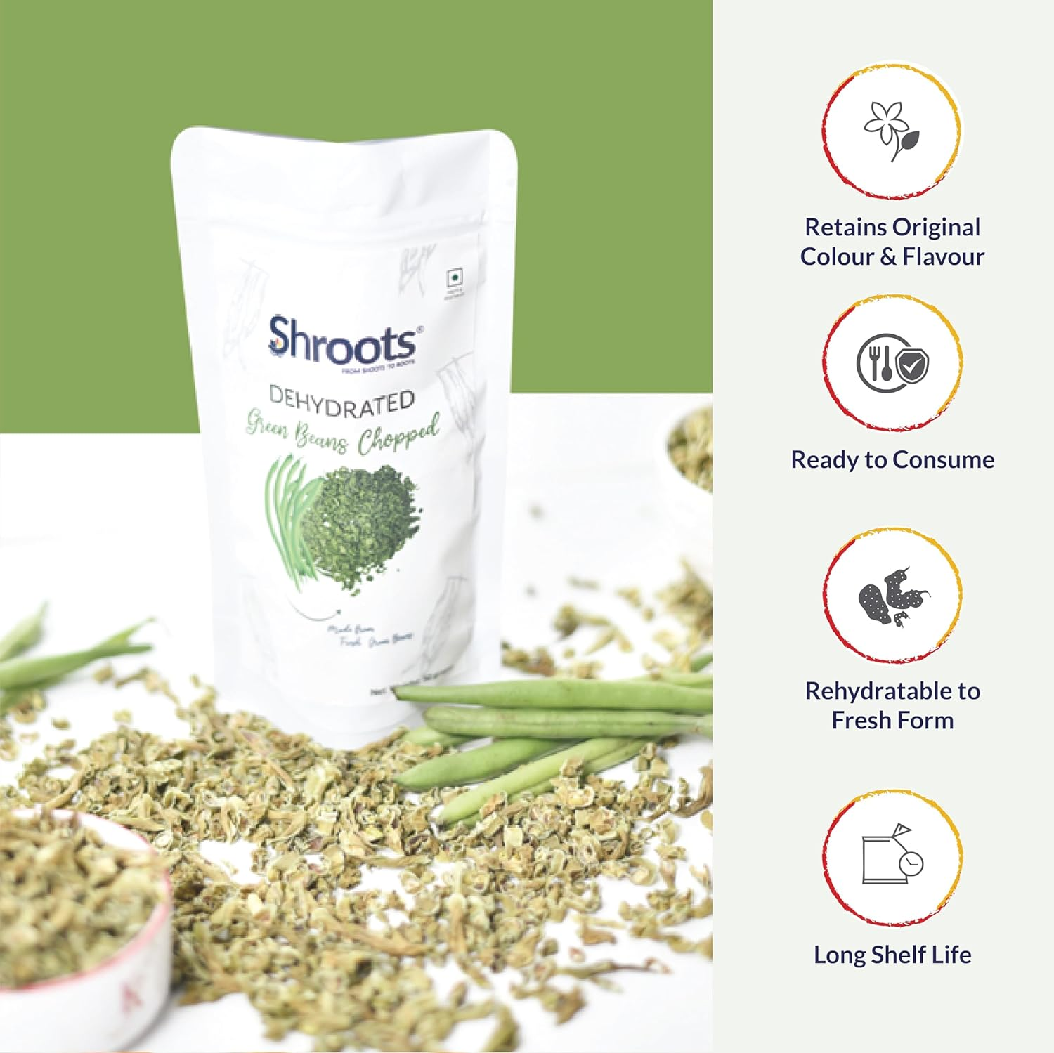 SHROOTS Dehydrated Chopped Green Beans Flakes Pure Vegetarian Gluten-Free No Added Salt Easy Cooking Machine Dry French Bean with Natural Aroma Perfect for Salads or Everyday Meals 1.76 Oz, Pack of 1 image number 3