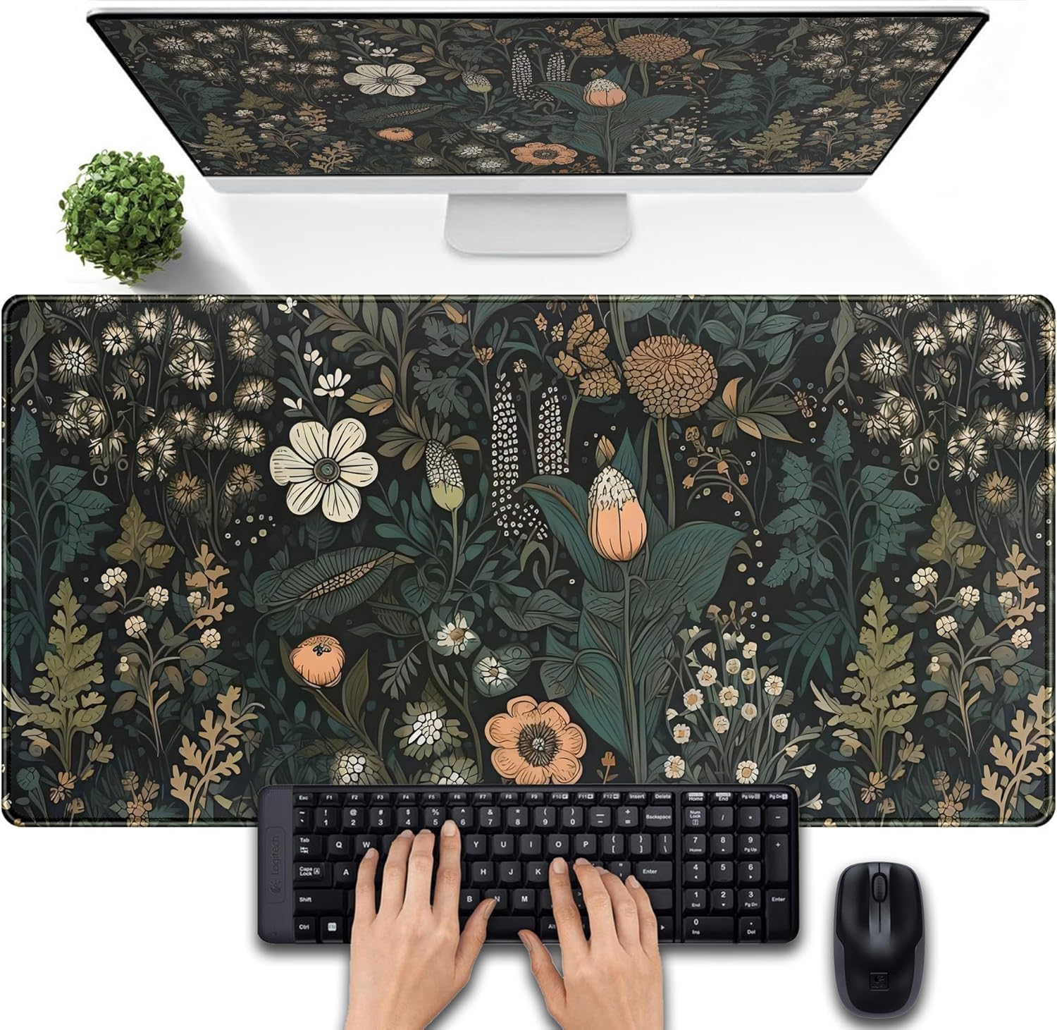 Kawaii Rainy Night Desk Mat Green Plants Gaming Mouse Pad XL, Aesthetic Anime Black Cat Desk Pad Laptop Computer Keyboard Mouse Mat, Desktop Decor Accessories for Girl Women Office 31.5"X11.8"