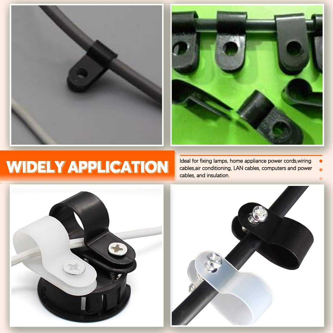 135 Pcs 6 Size Black Nylon R-Type Cable Clamp Clips Fasteners Assortment Kit with Mounting Screw and 135 Pcs Screws Organizer Cord Clips for Wire Management - White image number 6