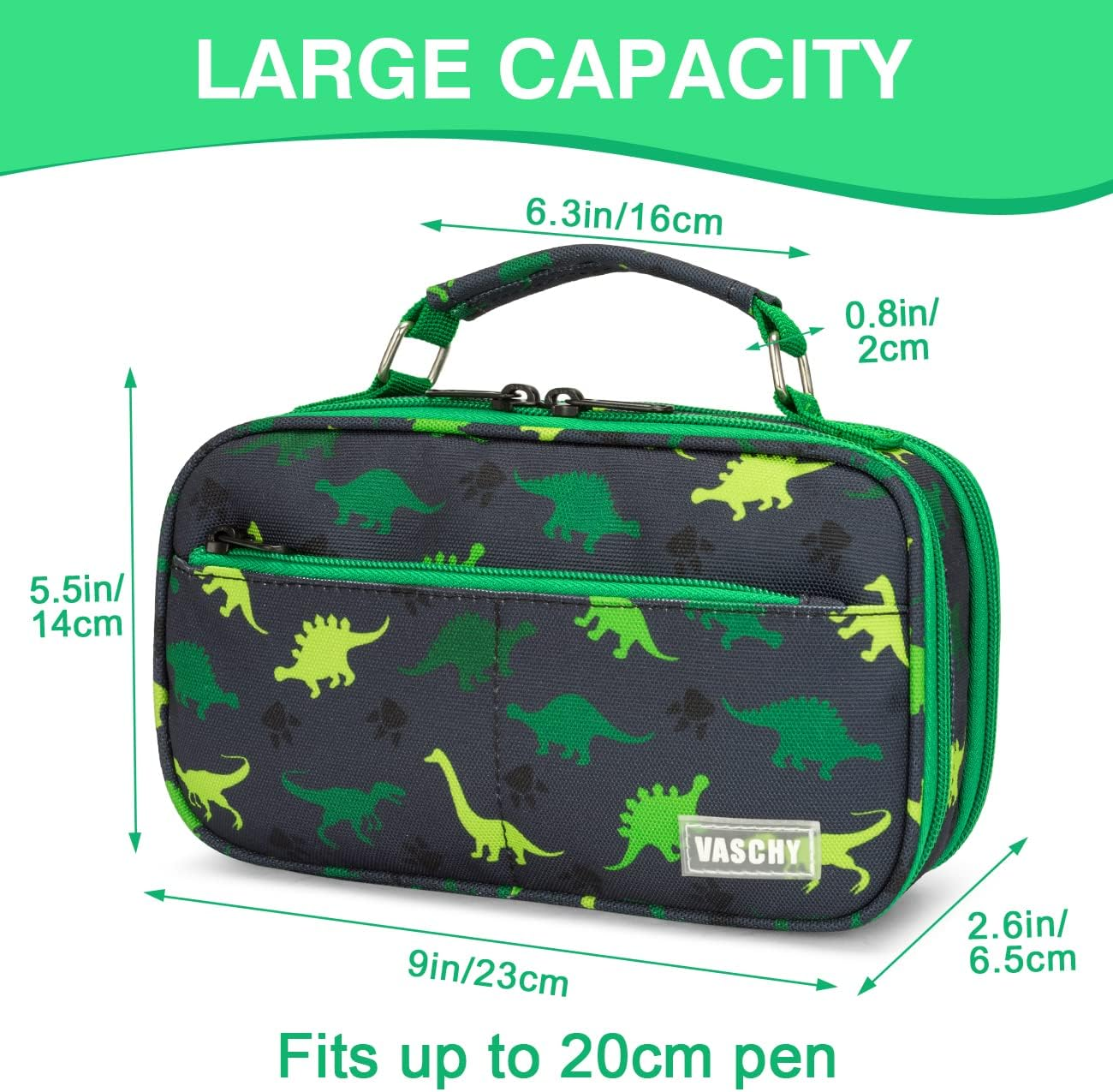 Pencil Case for Boys, Aesthetic Kawaii Large Pencil Pouch Stationary Pencil Bag/Box for Preppy Kids, Pen Organizer Holder School Supply Green Dinos
