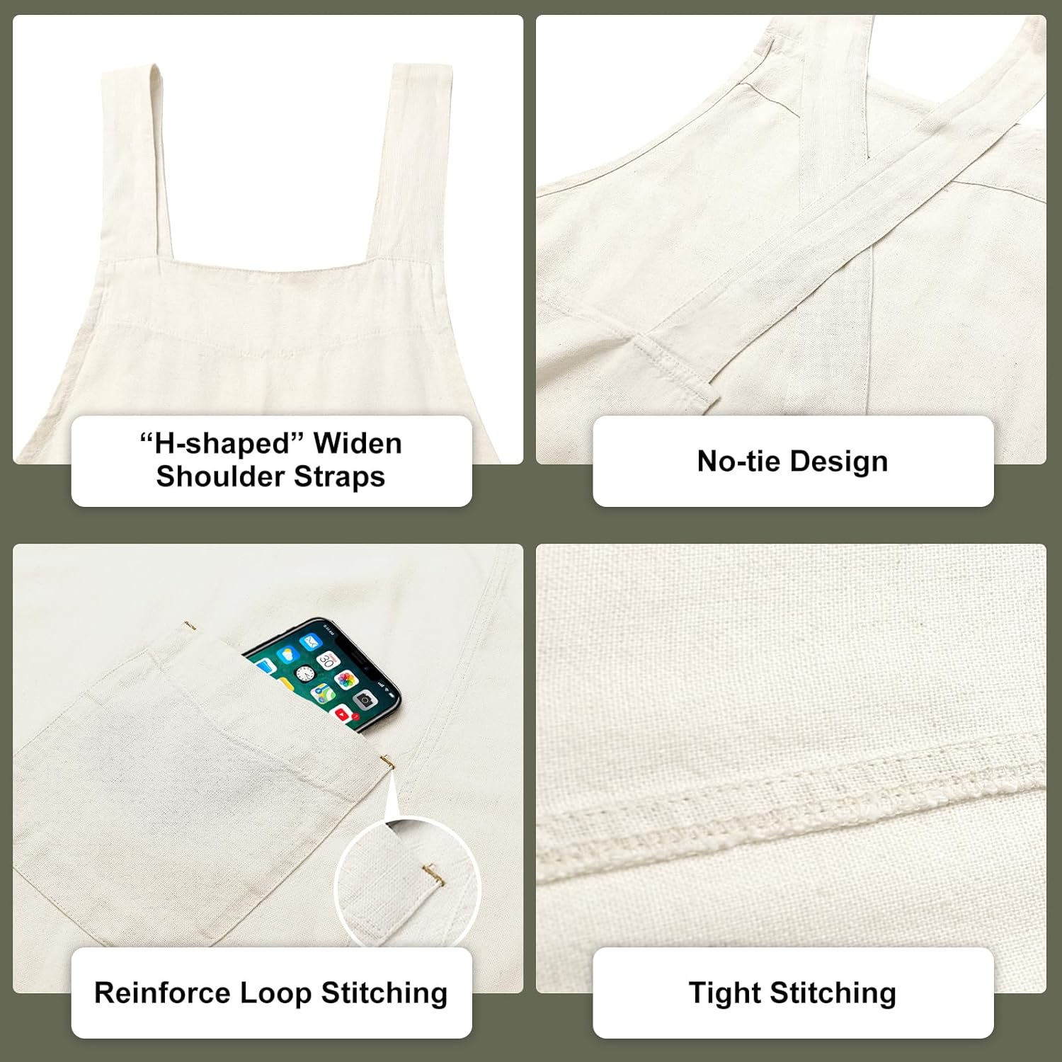 Surblue Cotton Linen Aprons for Women Cross Back Kitchen Apron with Pockets Pinafore Dress for Baking Cooking Gardening Work - Beige image number 2