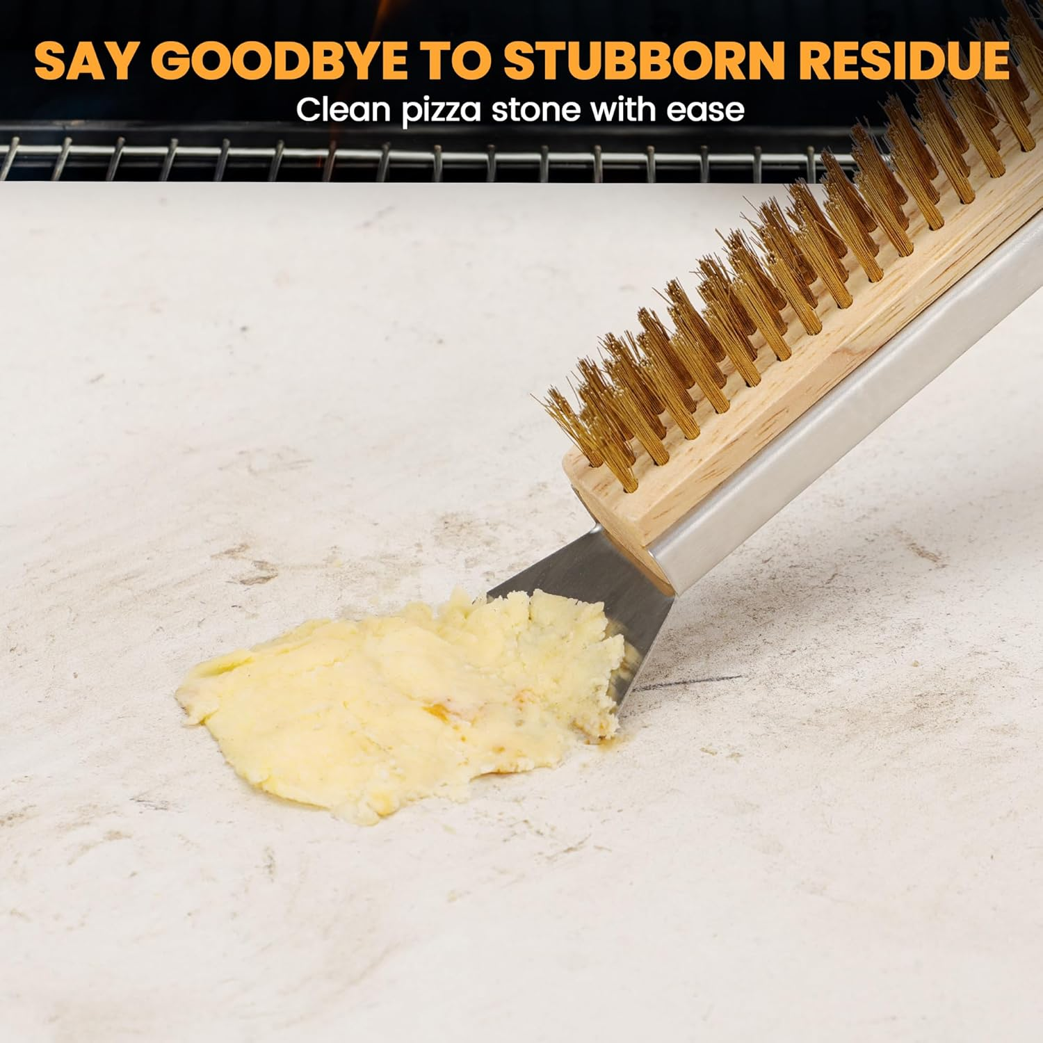 21'' Pizza Oven Brush with Stainless Steel Stone Scraper - Brass Bristles - Wood Handle - Hanging Ring - Outdoor Pizza Oven Accessories - Compatible with Ooni, Gozney, Blackstone, Solo Stove Ovens