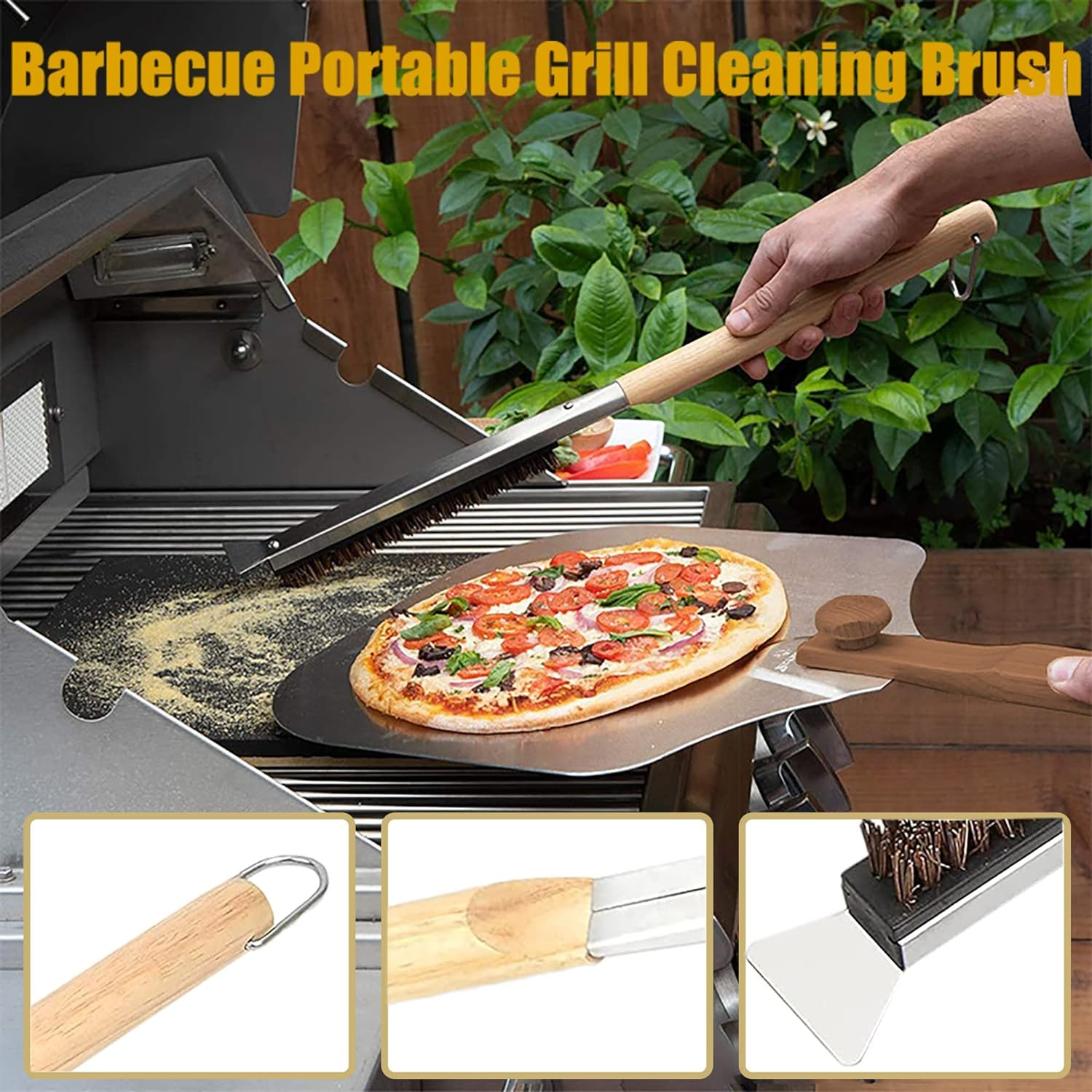 Pizza Oven Brush Grill Fiber Bristles Wood Handle Barbecue Clean Kitchen Accessories Kit Portable Cleaning Natural Material Stone image number 5