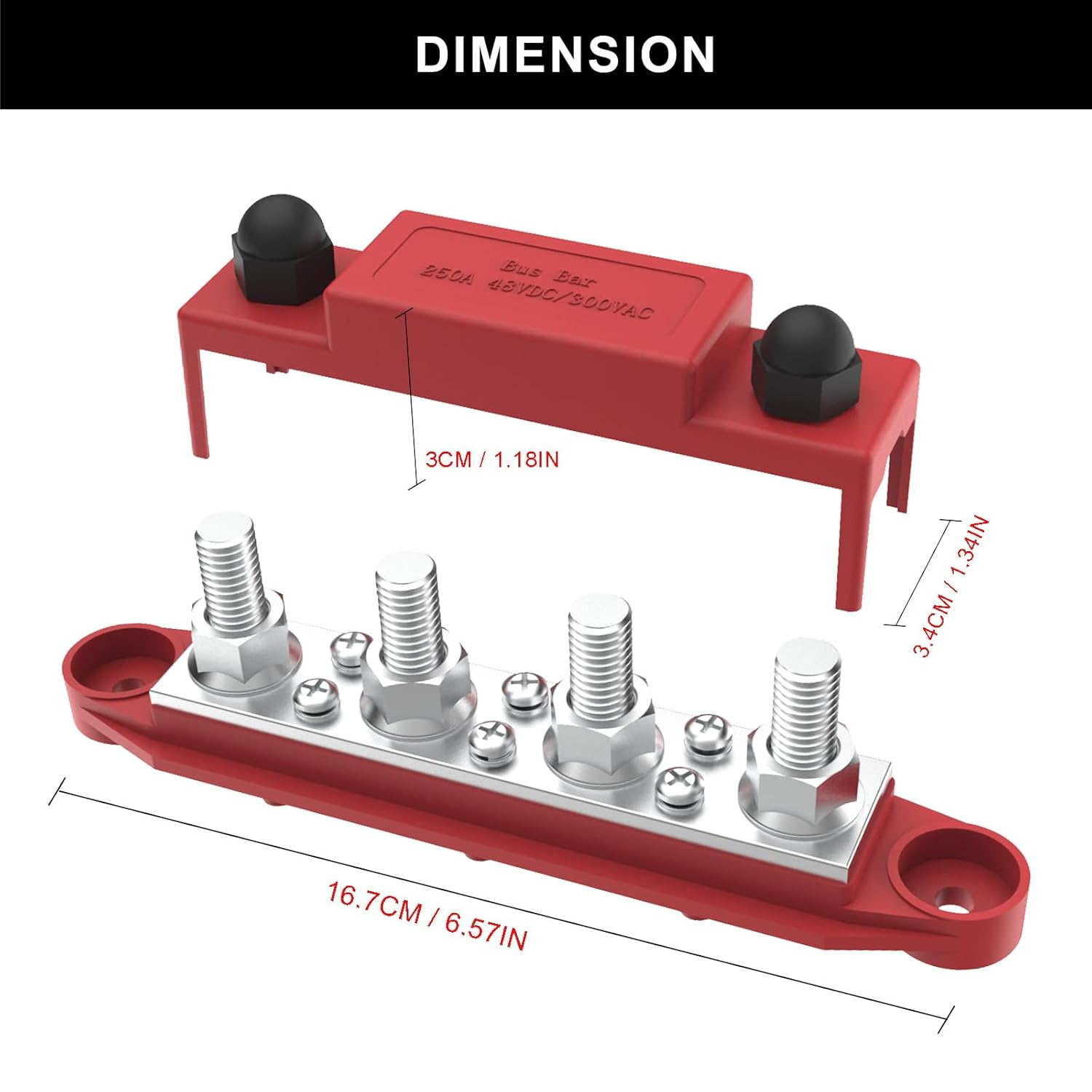 Upgraded Bus Bar 250A 12V Power Distribution Block with 3/8" (M10) 4-Posts Terminals Block with Cover for Automotive, Marine, Battery System(Black & Red)