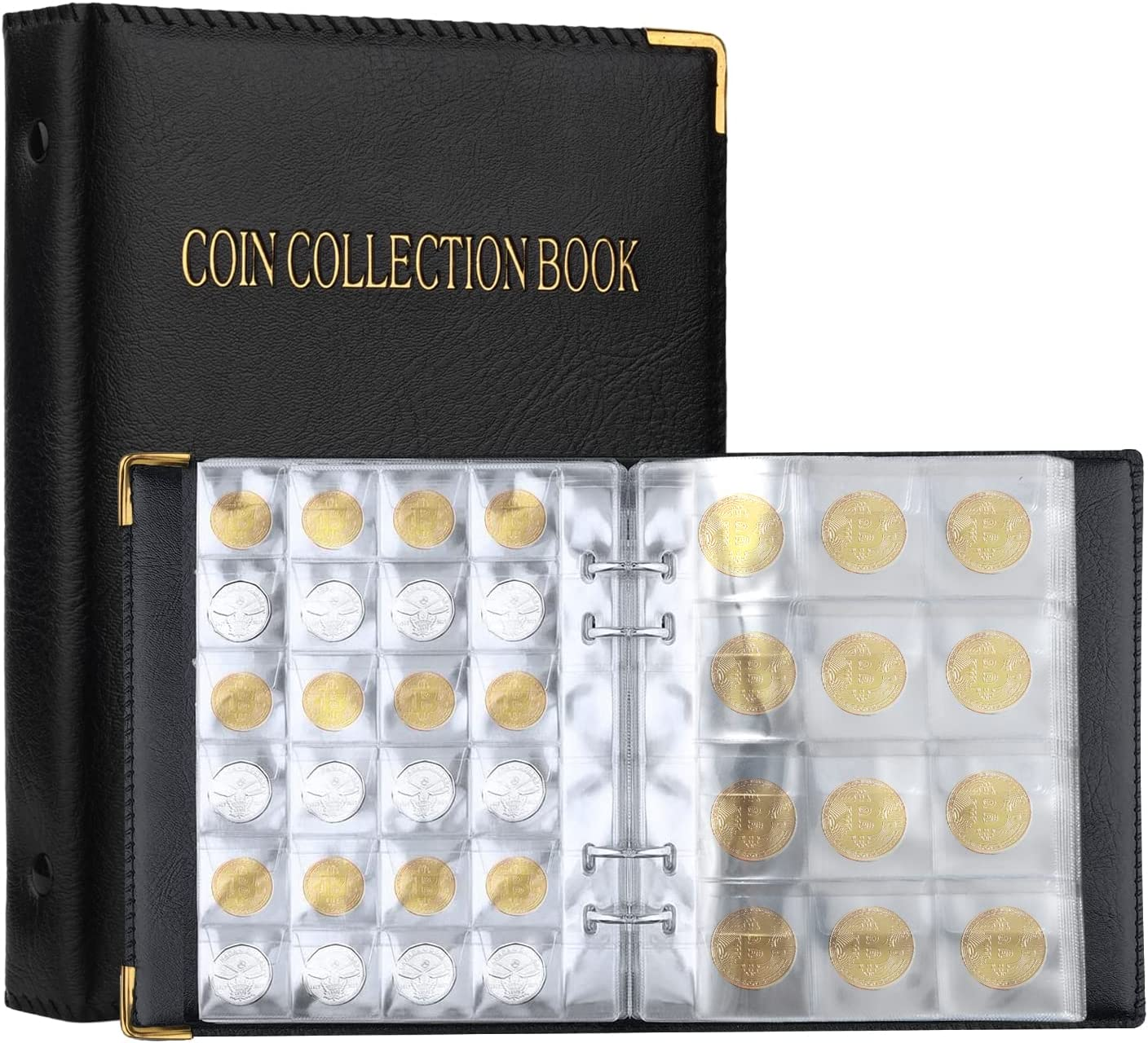 20 Pages/360 Pockets Coin Collection Book, 3X3Cm&4X4Cm Coin Collecting Holder Album with Leather Cover, Durable Coin Collection Binder Penny Coin Book for Collectors, All Coins (Black)