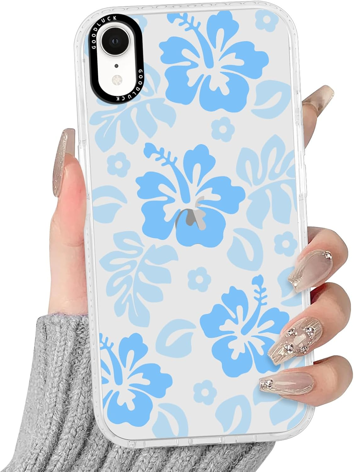 RUMDEY Clear Hibiscus Flower Case for Iphone XR 6.1", Cute Preppy Floral Crystal Pattern Aesthetic Design Soft Slim Anti-Yellow Protective Shockproof TPU Phone Cover for Women Girls - Blue image number 3