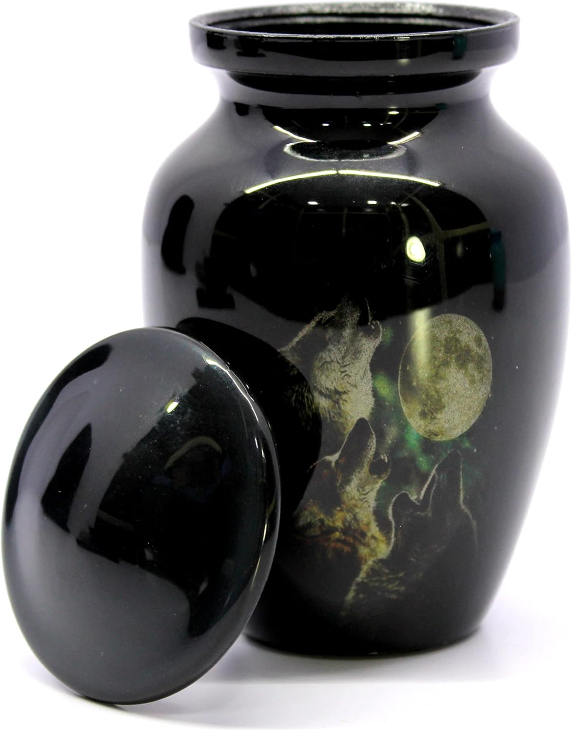 Esplanade Mini Cremation Urn Memorial Jar Pot Container | Small Metal Urn for Funeral Ashes Burial | Wolves with Moon Printed Metal Keepsake | Black - 4.5" Inches image number 1