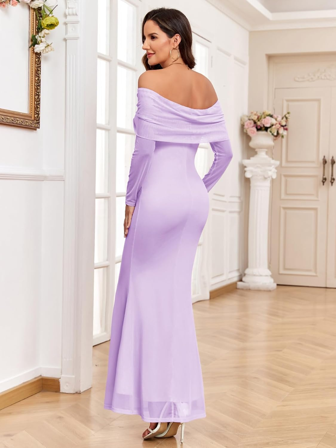 Maternity off the Shoulder Mermaid Maxi Dress Mesh Bodycon Pregnancy Dresses Baby Shower Photoshoot with Floral image number 3