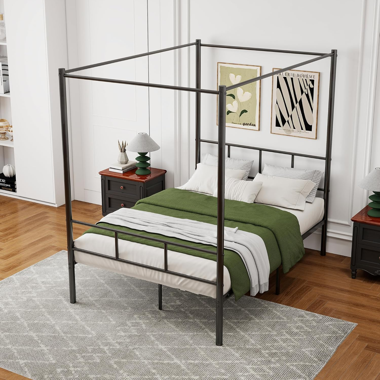 Diolong Patricia Double Bed Frame Canopy Four Poster Bed with Metal Slats/Mattress Platform with under Bed Storage/Bedroom Furniture/Black image number 4