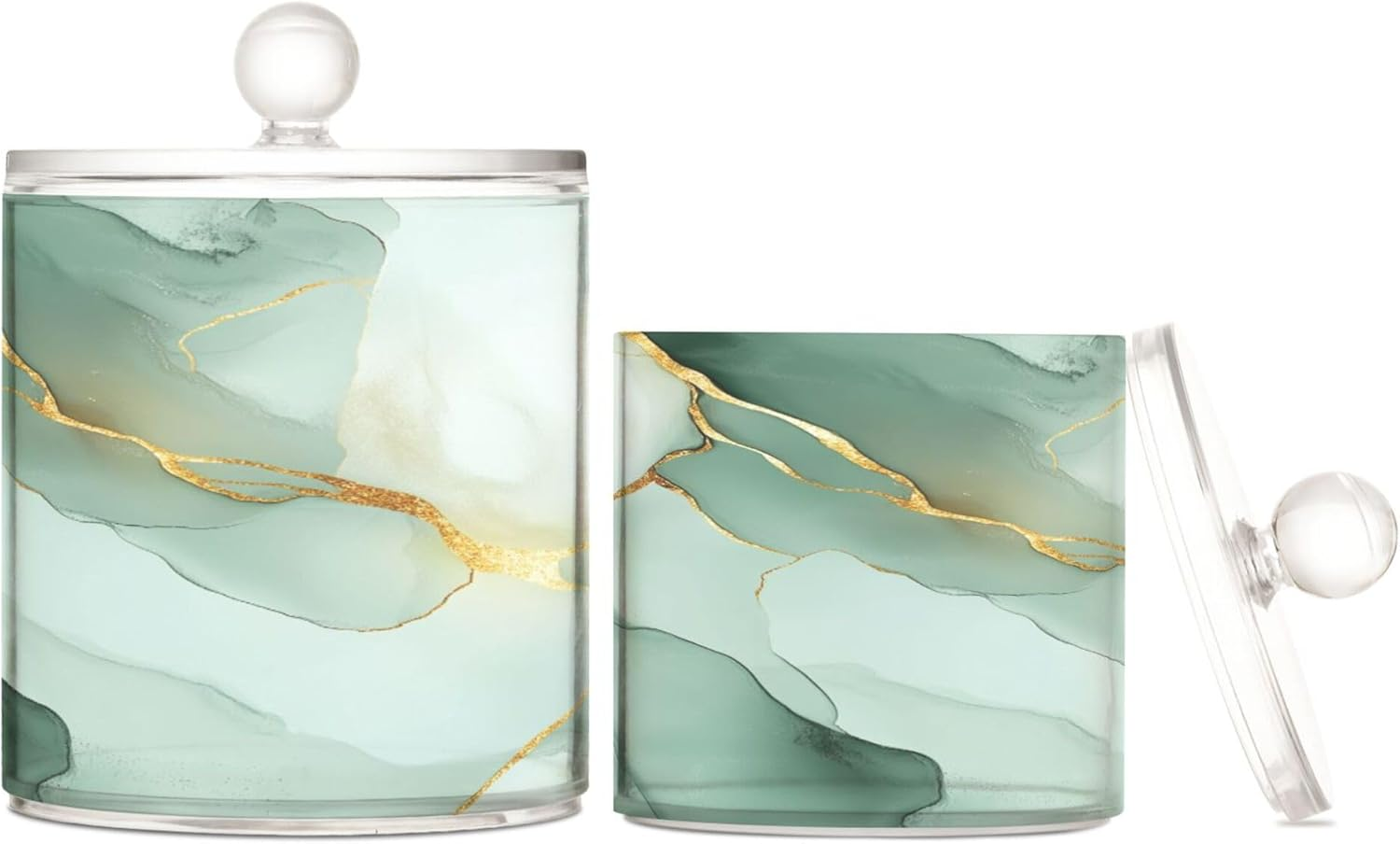 Marble White Sage Green Clear Plastic Makeup Organizer Storage with Lid Dresser Essentials Decorative Storage Bins for Floss Picks,Paper Clips,2 Pack - Color 11 image number 7