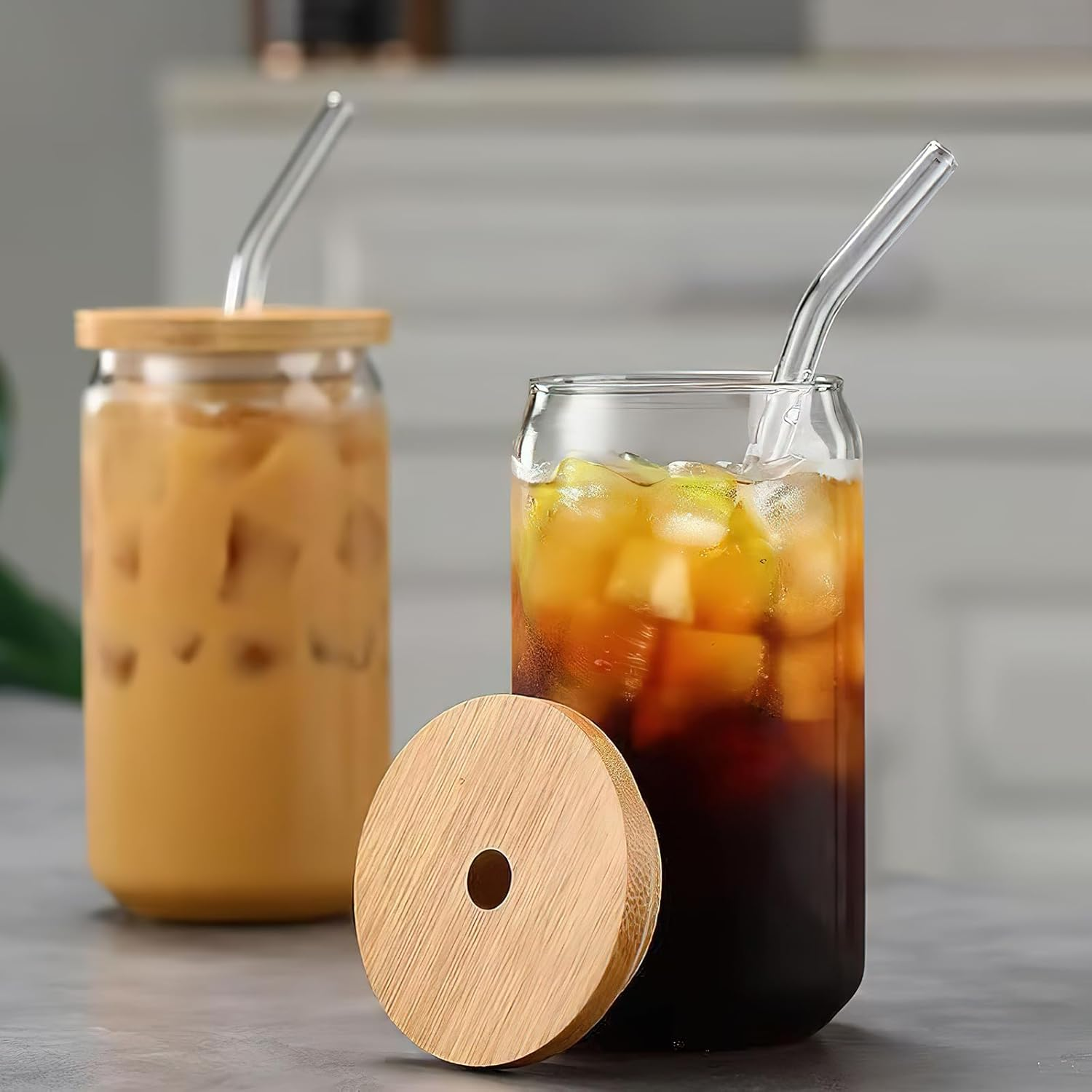 2Pcs Cup with Straw, Drinking Glasses with Bamboo Lids and Glass Straw, 17 Oz Can Shaped Glass, Smoothie Cup, Ideal for Drinks, Coffee, Cocktails, Whiskey image number 6