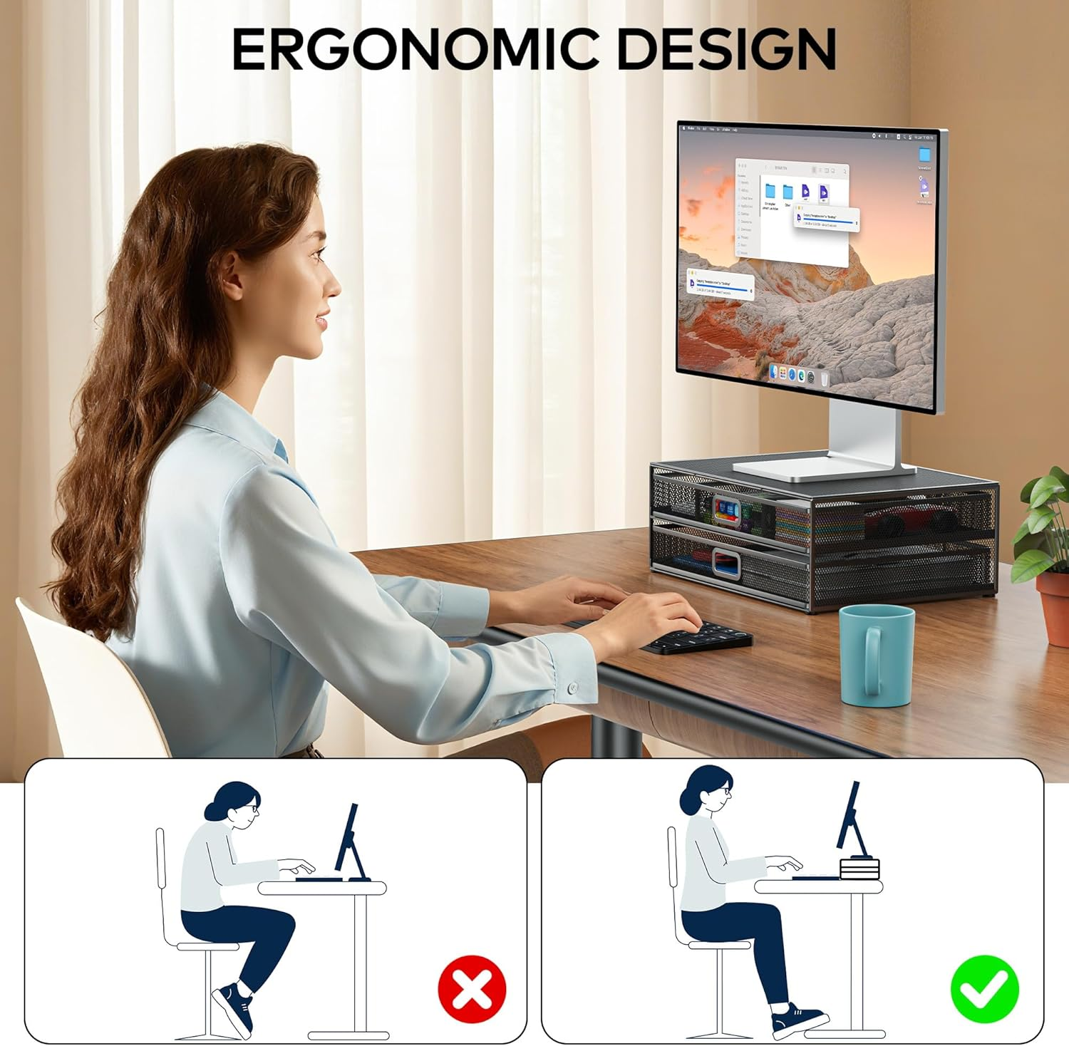 Auvo Metal Monitor Stand Riser with Two Drawers, AMS02 Computer Desk Organizer for Laptop, Computer, Imac, Black image number 6