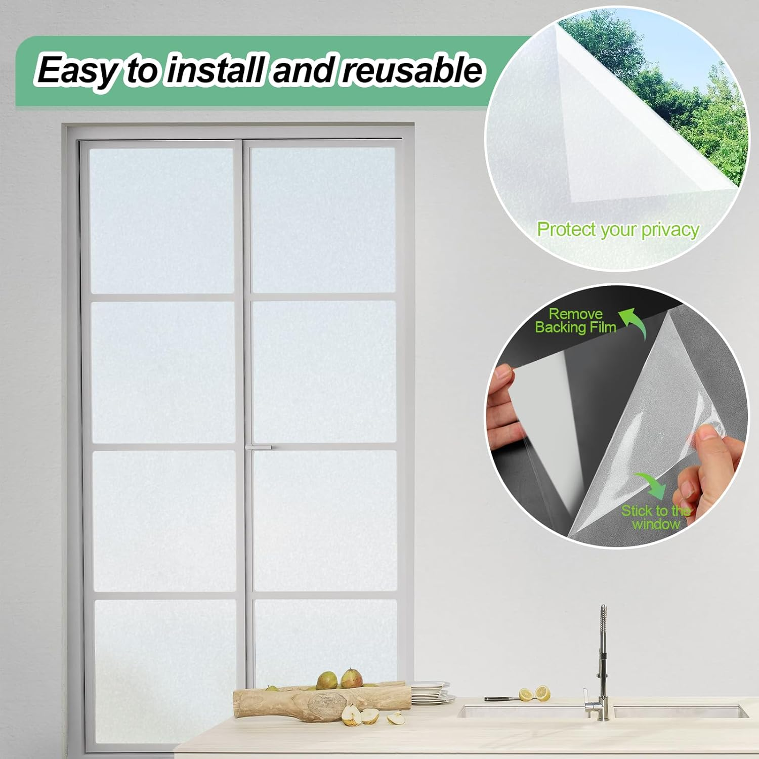 Vivinin Frosted Glass Window Film,17.3X236.2 Inches Privacy Film anti Uv, Frosted Window Privacy Film Non Adhesive, Window Film Privacy for Bathroom Home and Office image number 5