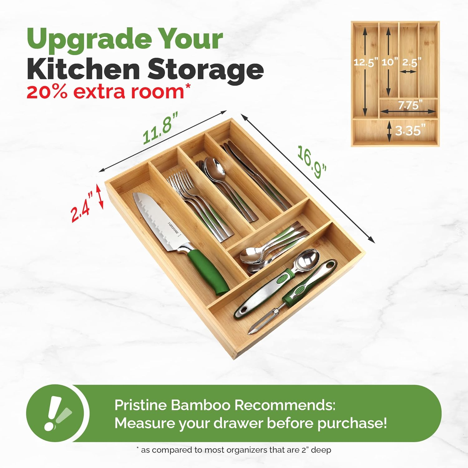 PRISTINE BAMBOO Silverware Tray Organizer&ndash; Flatware Utensil Cutlery Silverware Holder for Drawer &ndash; Small Extra-Deep Wooden Kitchen Drawer Organizer Divider for Spoons Forks Knives Cutleries (6-Slots)