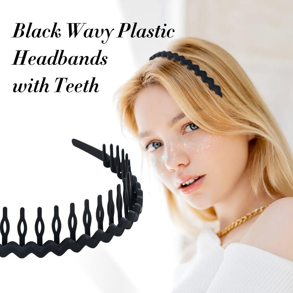 Cinaci Pack of 6 Non-Slip Sports Black Wavy Matte Plastic Headbands with Teeth Comb Elastic Thin Hair Bands Accessories for Women Men Girls Teens Children image number 4