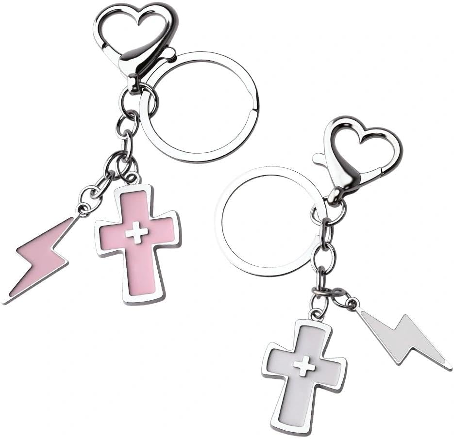 2PCS Y2K Cross Keychain for Women Punk Matching BFF Bag Charm Pink White Cross with Lightning Bolt Charms Car Keys Key Chain for Best Friends Sister Boyfriend Girlfriend image number 2