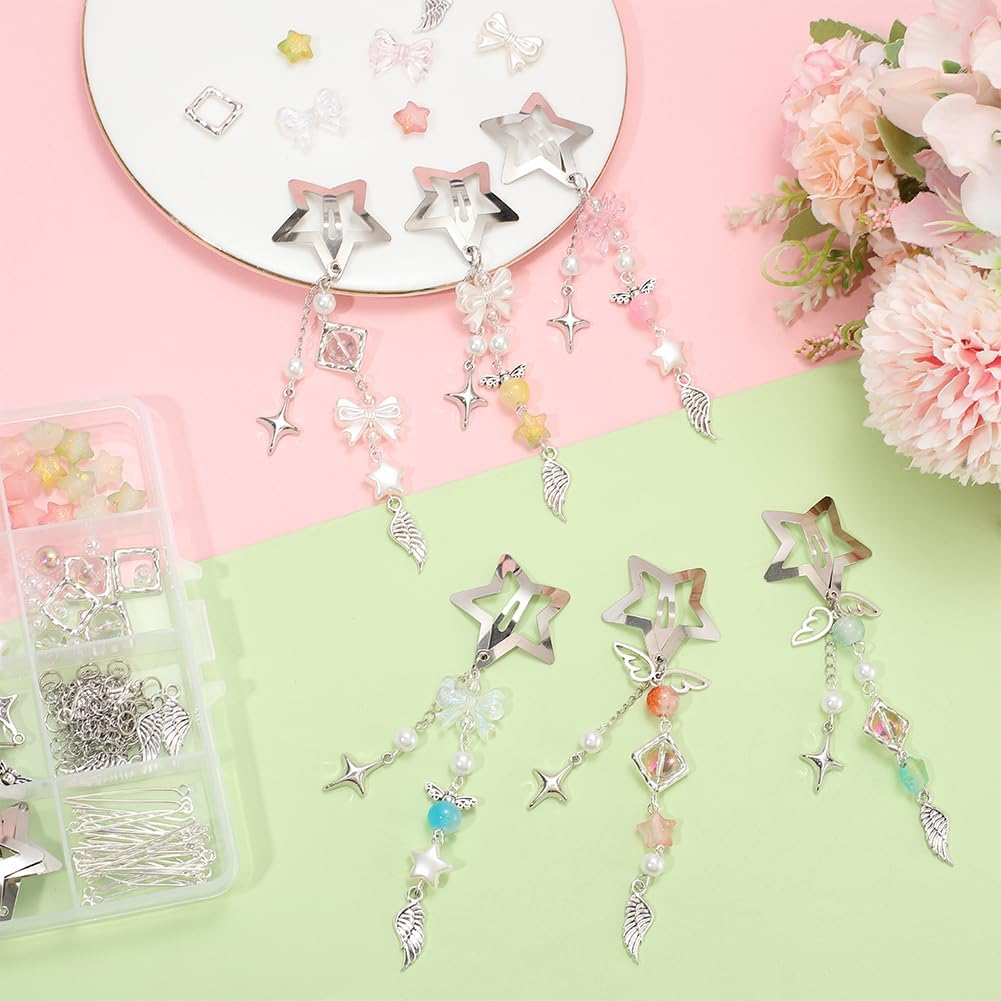 SUNNYCLUE 1 Box DIY 6 Sets Star Tassel Hair Clips Making Kit Stars Hairclips Cute Wing Bowknot Bow Beaded Pendant Hairclip with Tassels Snap Barrettes for Women Braid Long Short Thin Thick Hair image number 5