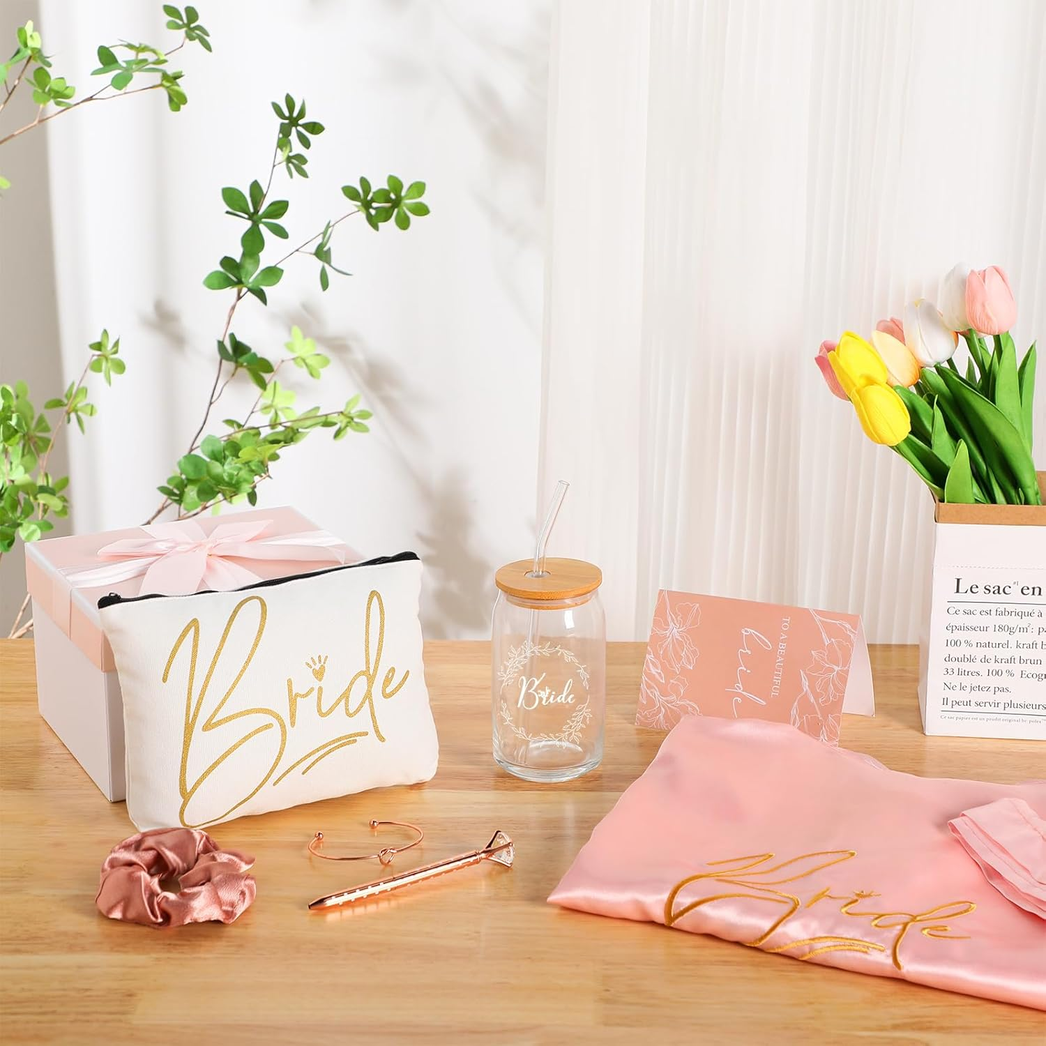 Irenare 8 Pcs Bride Gifts Set for Bridal Shower Bachelorette Party Robe Cup Makeup Bag Bracelet Scrunchies Card Pen Gift Box(Pink) - 1, White image number 6