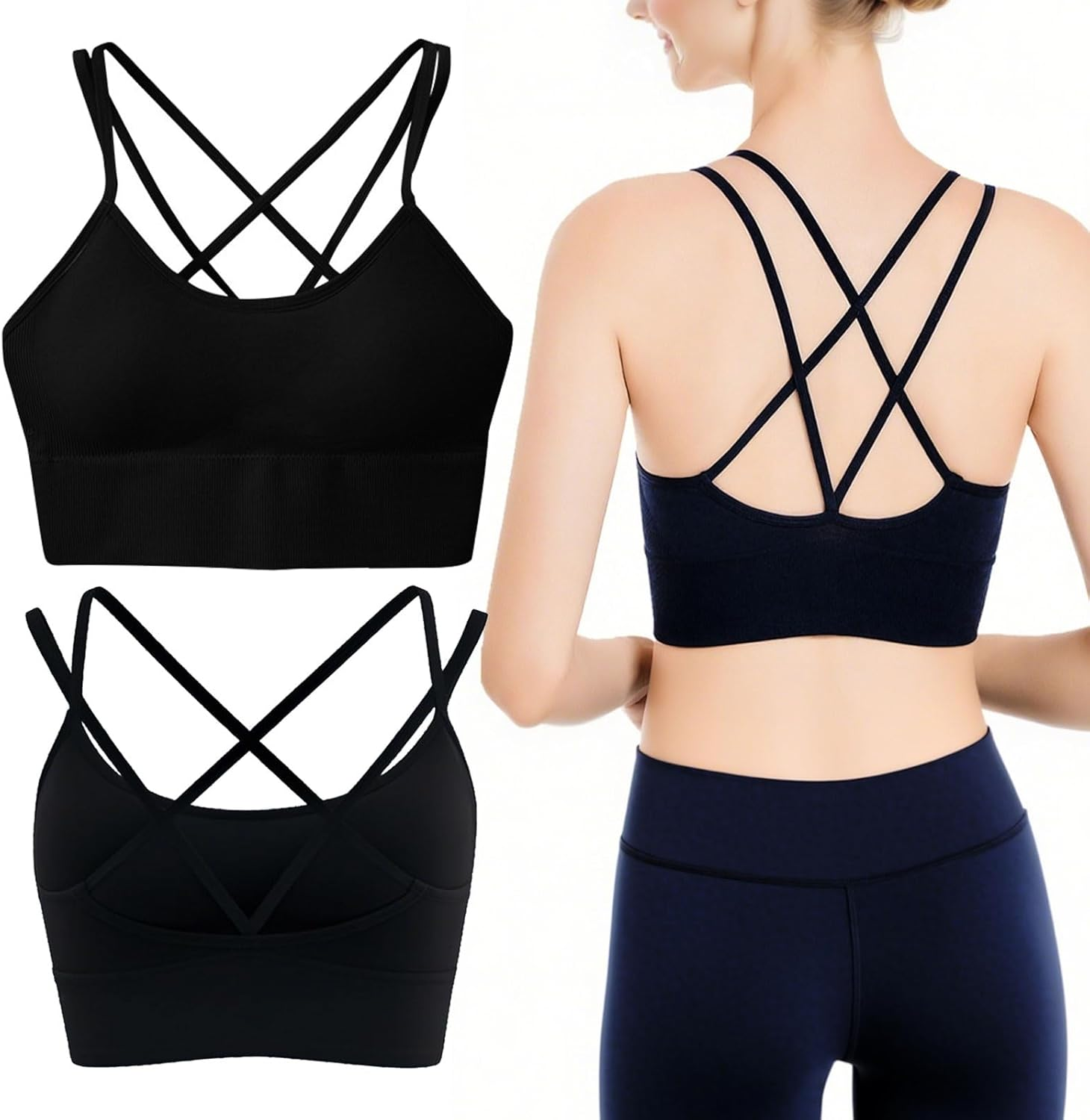 FUIPVGI Women Sports Bra Removable Pads, Seamless Comfort Women'S Strappy Back Sports Bra Athletic Wireless Wrap Chest Crop Top for Fitness Workout Exercise Yoga (Black,M) image number 4