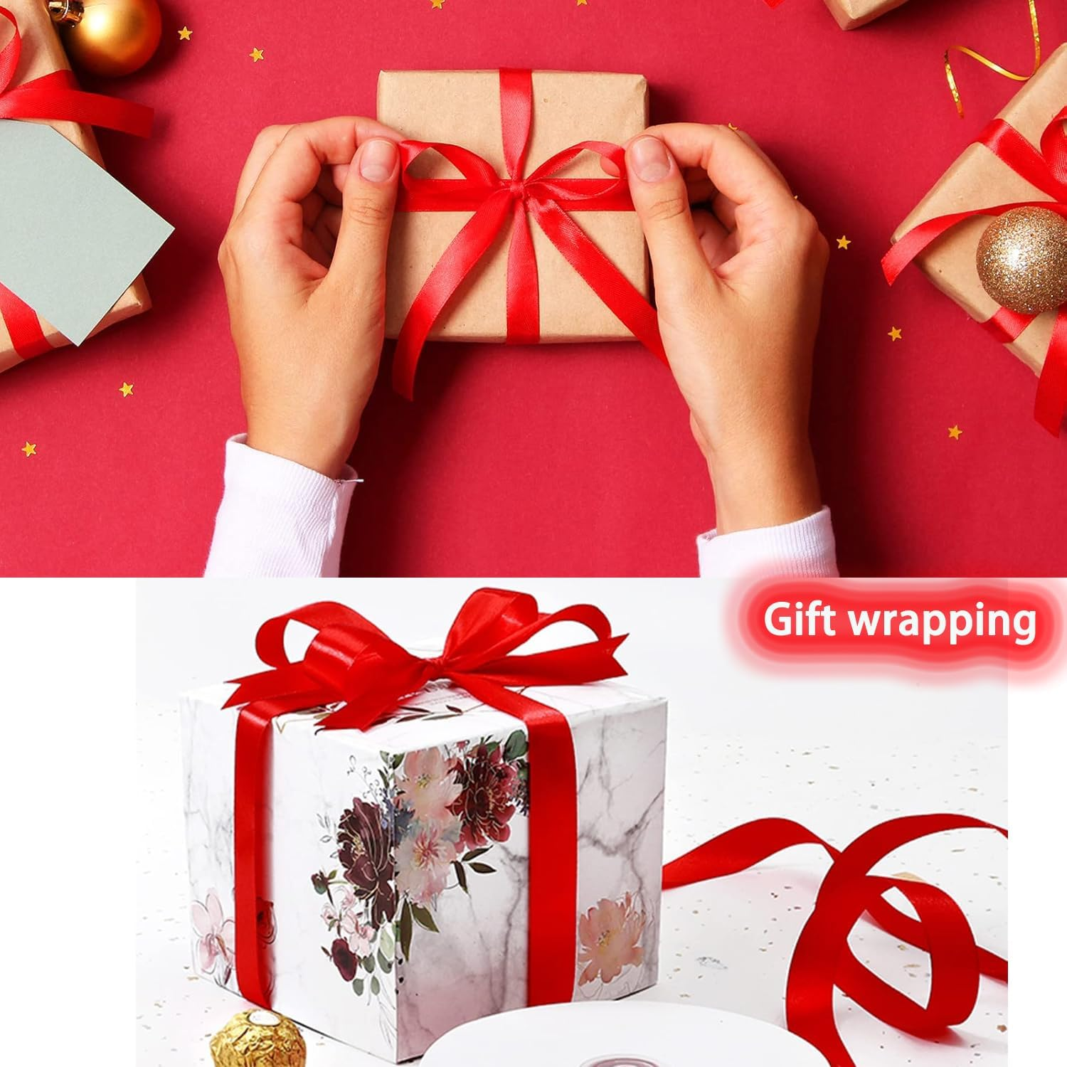 Red Ribbons for Crafting Christmas Ribbon for Hair Satin Ribbon Silk Ribbon for Gift Wrapping Hair Ribbons for Women 3/8 Inch X 25 Yards image number 1