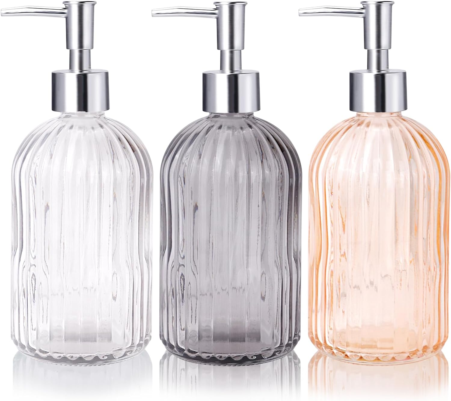 RETON 3 Pack Soap Dispenser Set, 14 Oz Clear Glass Soap Dispenser with Rust Proof Plastic Pump, Refillable Liquid Hand Soap Dispenser, Bathroom Soap Dispenser for Kitchen Countertop (3 Colors) image number 6