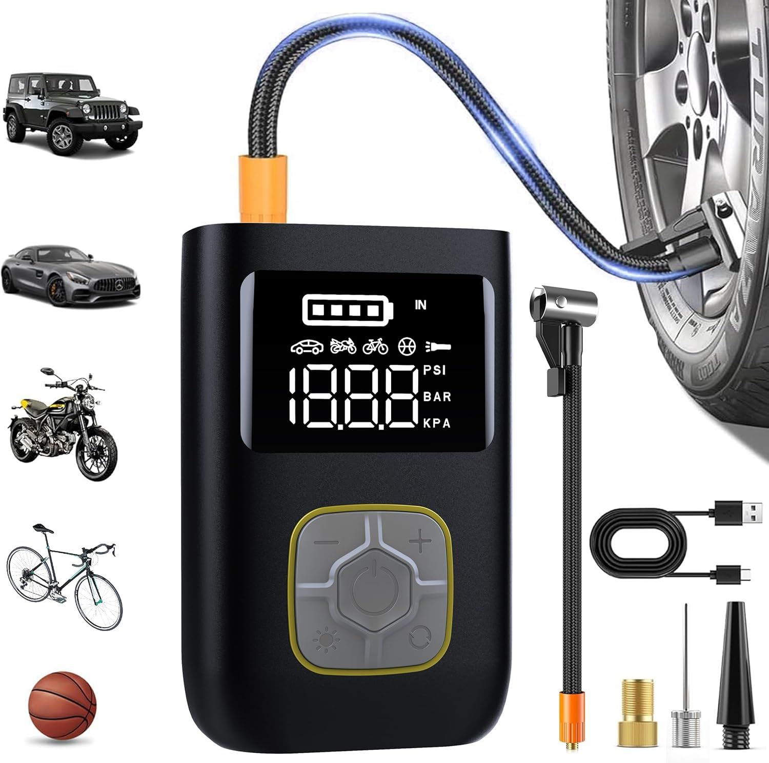 Cordless Tire Inflator Portable Air Compressor, 4000Mah 150PSI Portable Air Compressor Pump with LCD Display, LED Light & Tire Pressure Gauge for Car, Motorcycle, Bike, Ball image number 2