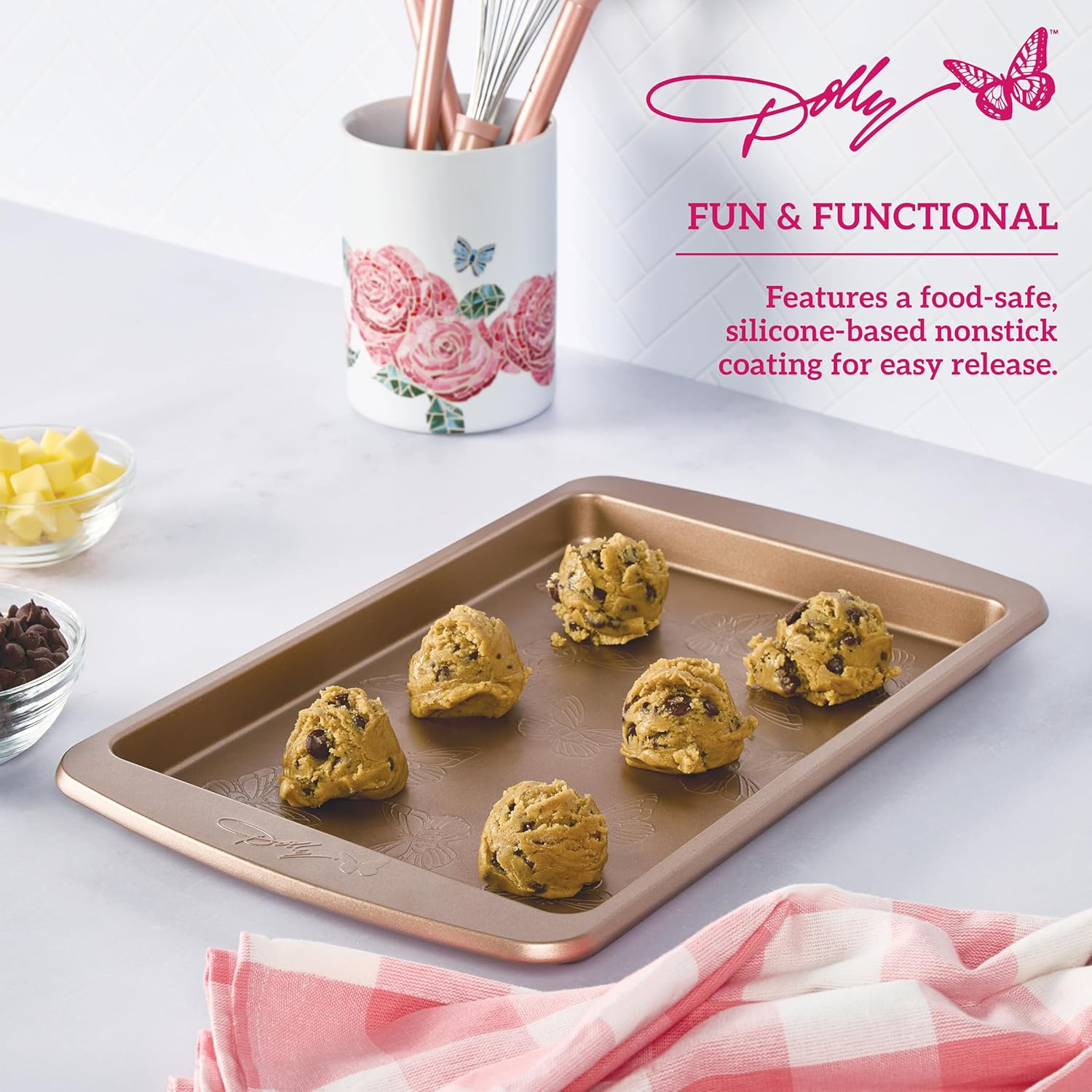 Dolly Parton Butterfly Stamp Small Baking Sheet &ndash; Carbon Steel Nonstick Bakeware with Textured Butterfly Design, Durable Rolled Rim, Oven Safe to 450F, Perfect for Cookies, Pastries and Pizza image number 2